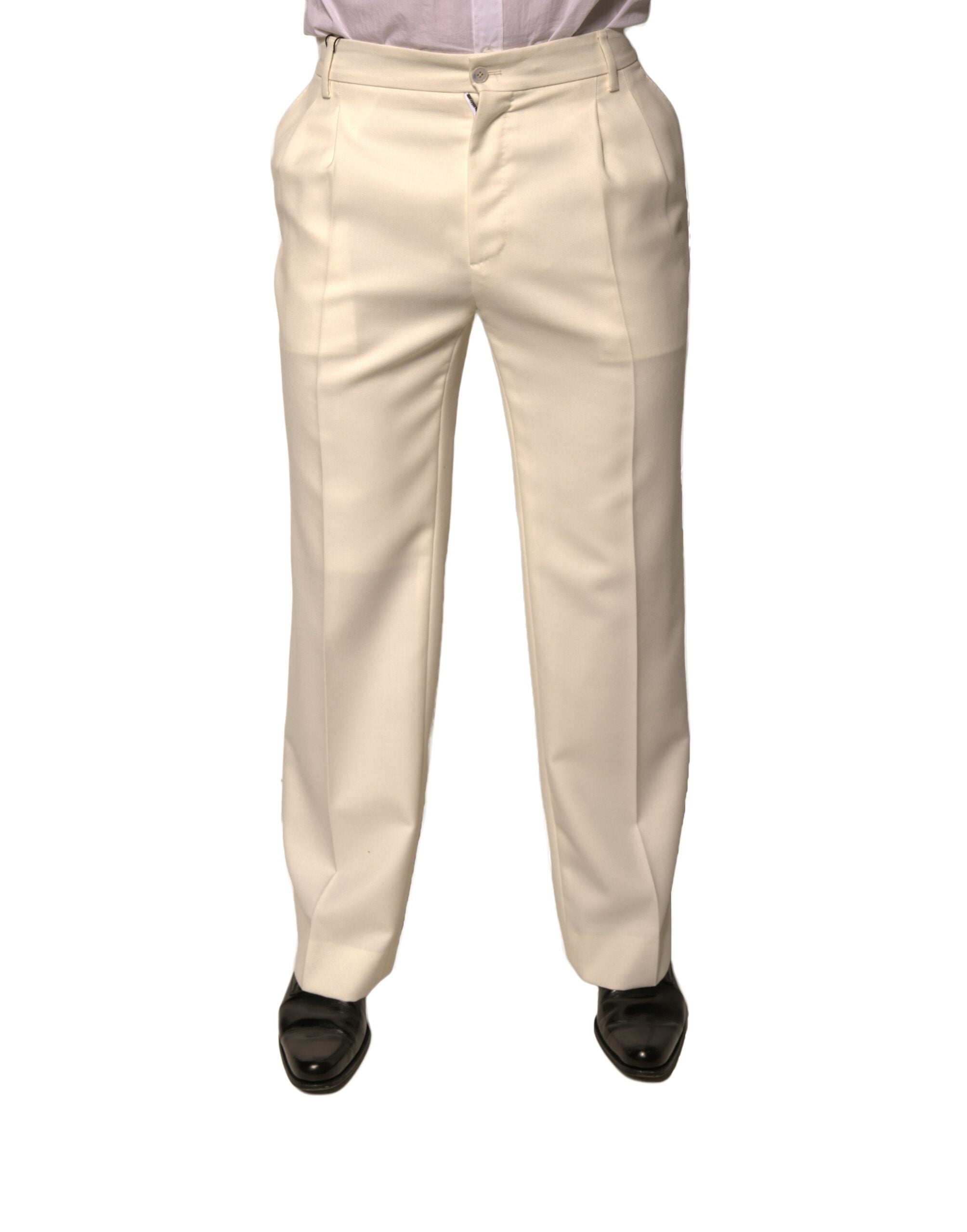 Pantalons droits Dolce & Gabbana en blanc cassé, style élégant, tissu léger, vue de face sur une mannequin.