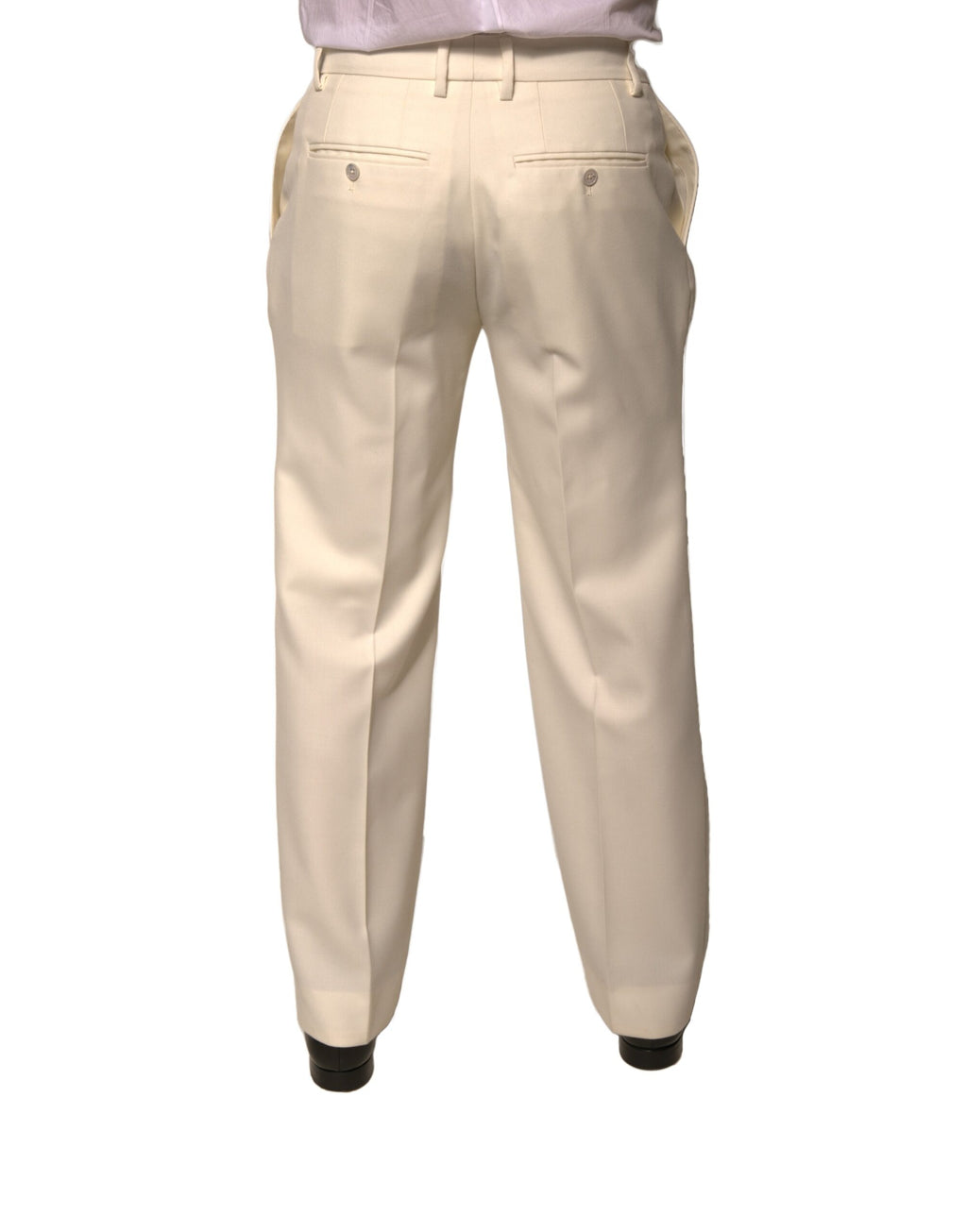 Pantalon droit blanc Dolce & Gabbana pour femme, style élégant et moderne, en tissu léger avec ceinture à boucle.