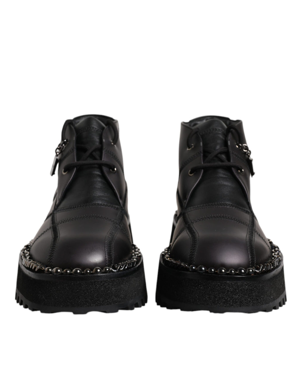 Bottes noires en cuir avec lacets à la cheville de la marque Dolce & Gabbana, chaussures élégantes en cuir noir.