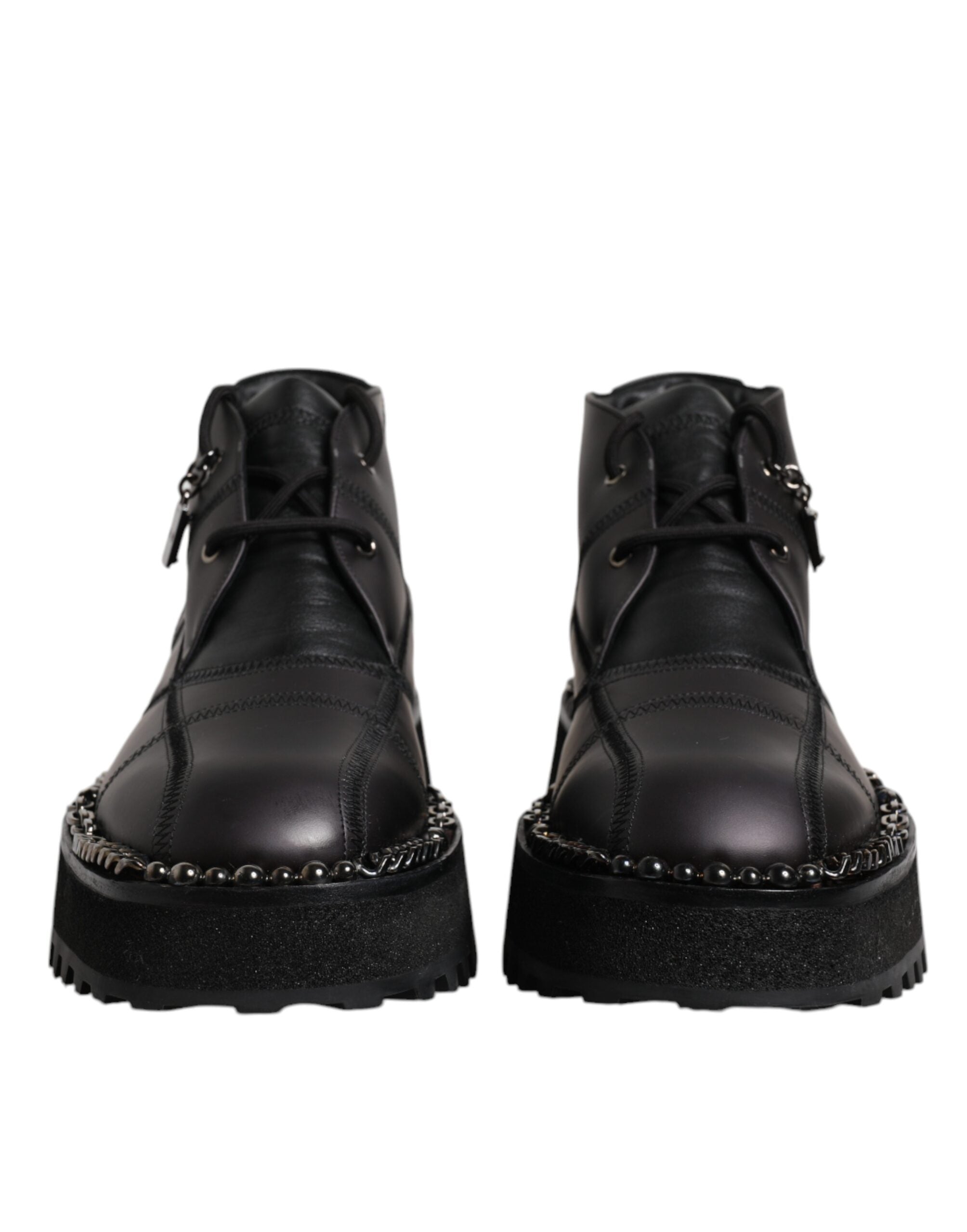 Bottes noires en cuir avec lacets à la cheville de la marque Dolce & Gabbana, chaussures élégantes en cuir noir.