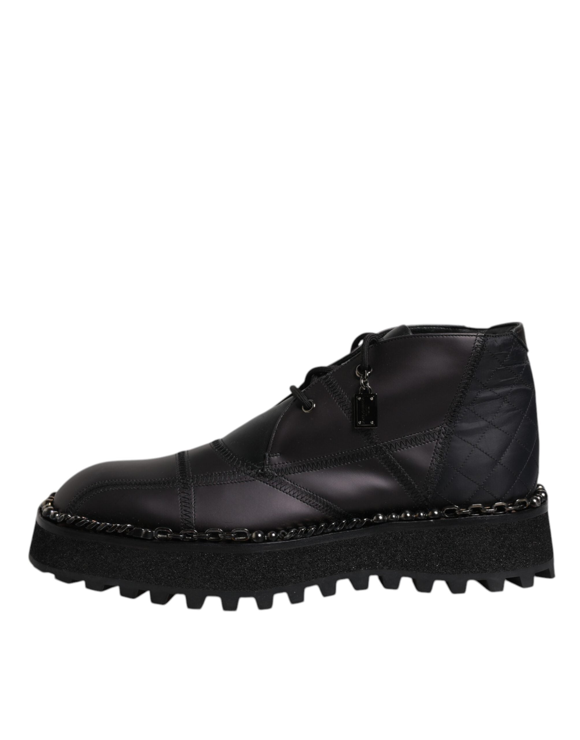 Bottines à lacets en cuir noir Dolce & Gabbana pour femmes, talon moyen et design élégant visible sur l'image.