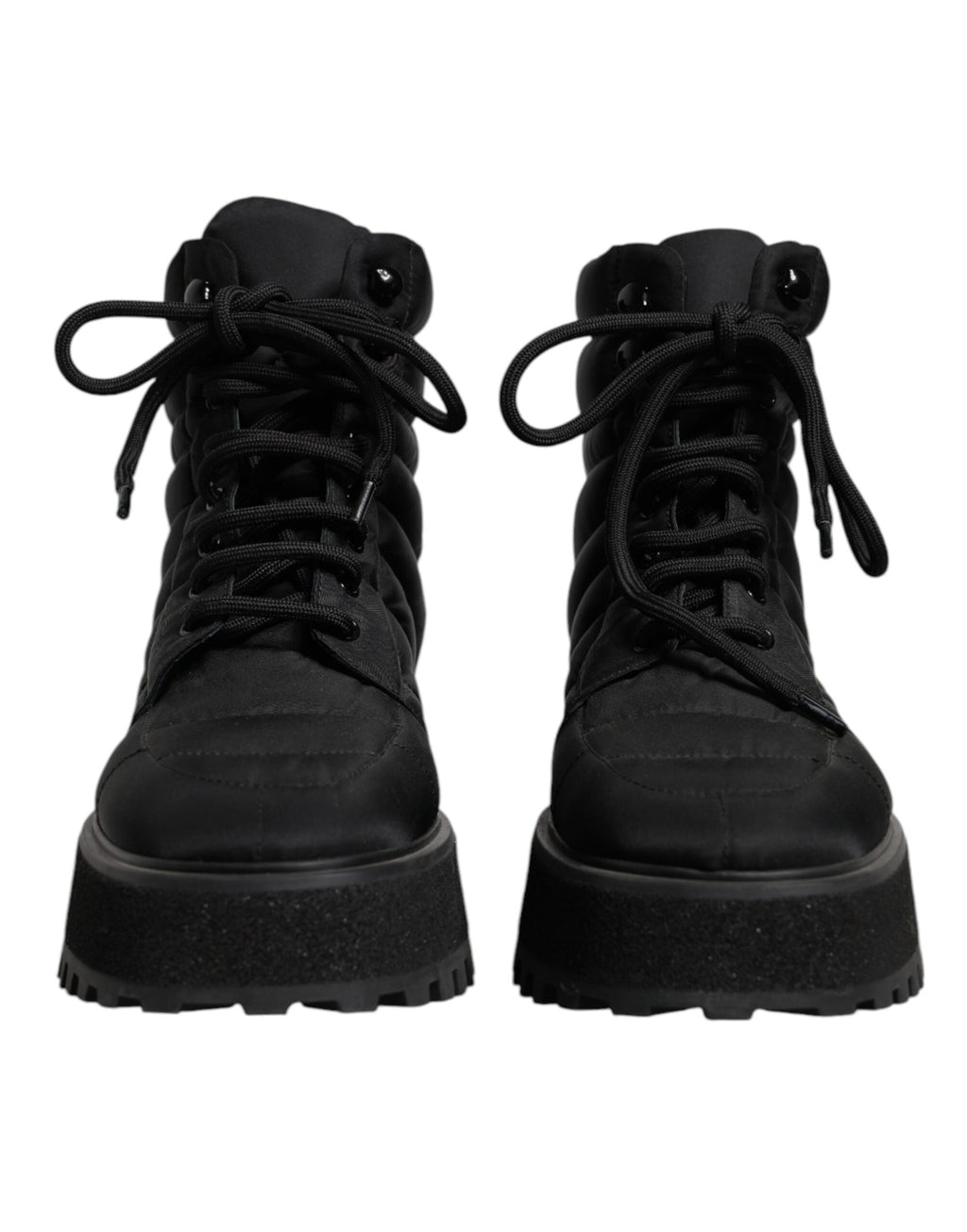 Bottes noires Dolce & Gabbana en rembourrage mi-mollet avec lacets, style élégant et moderne, vues de face.
