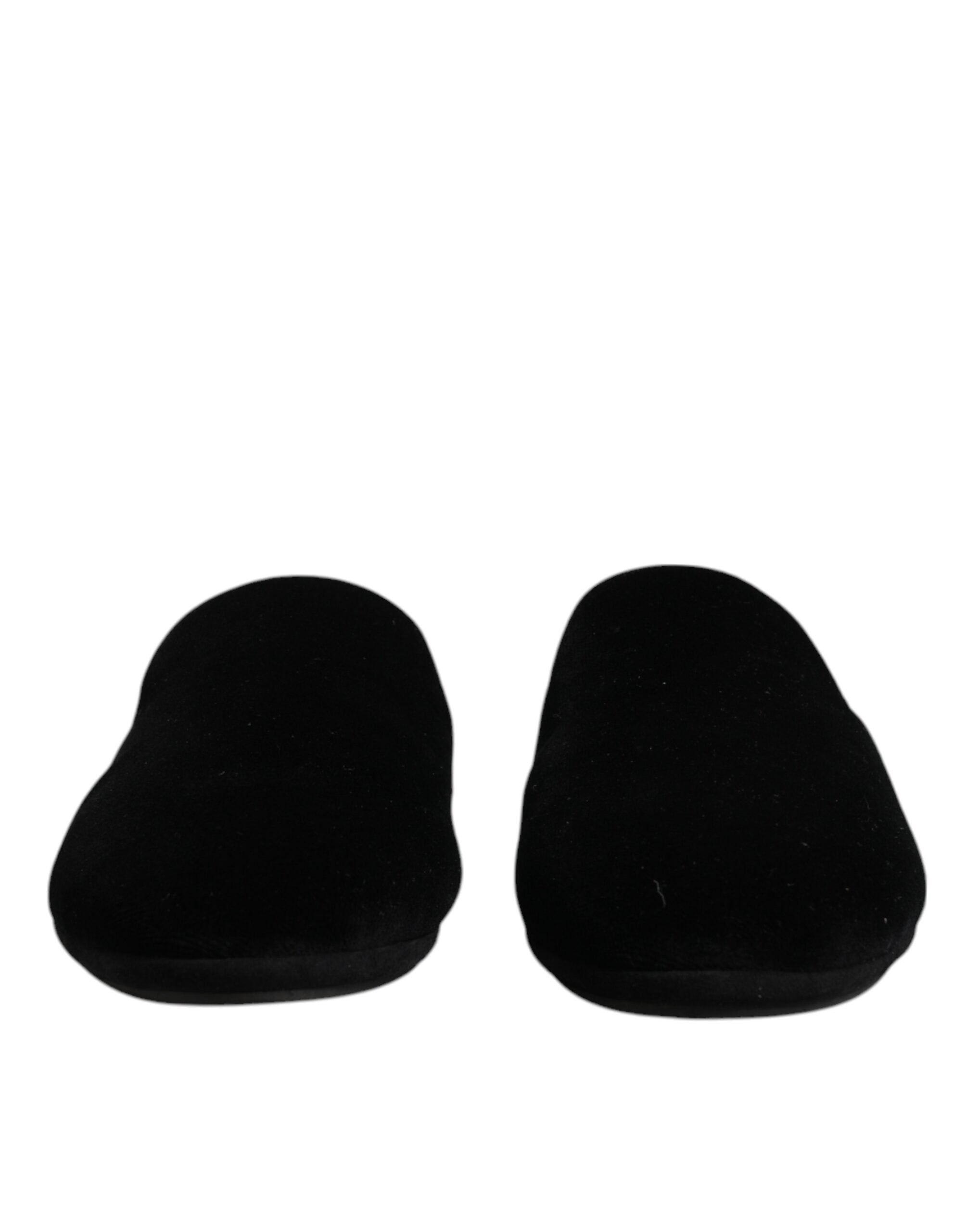 Chaussures Dolce & Gabbana en velours noir, slippers plates en viscose avec semelle confortable et design élégant.