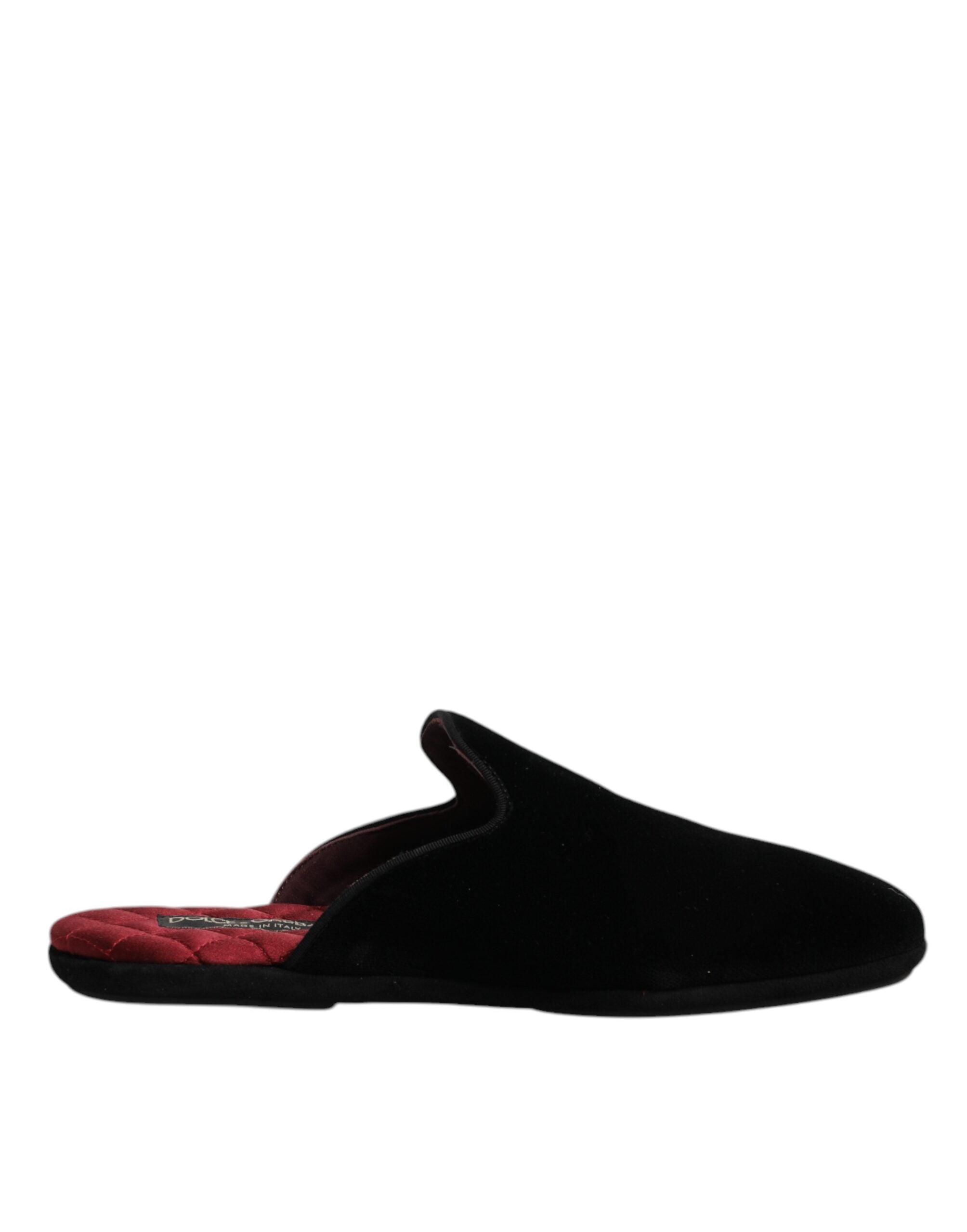 Tongs plates noires en viscose et velours Dolce & Gabbana, chaussures plates élégantes pour femme.