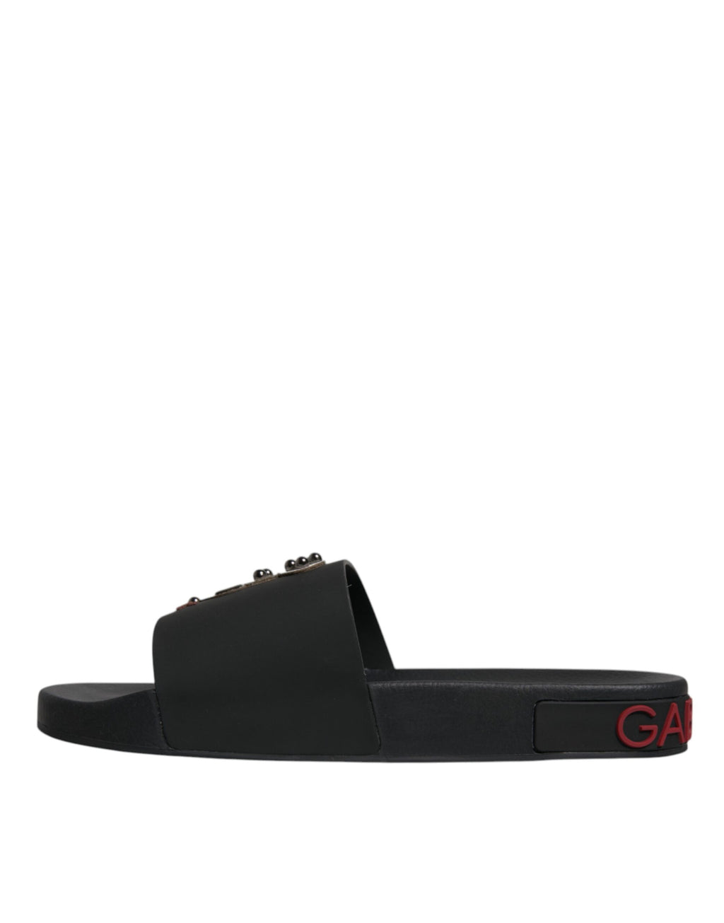 Sandales dorées en cuir noir Dolce & Gabbana, chaussures d'été pour la plage, vues de côté.