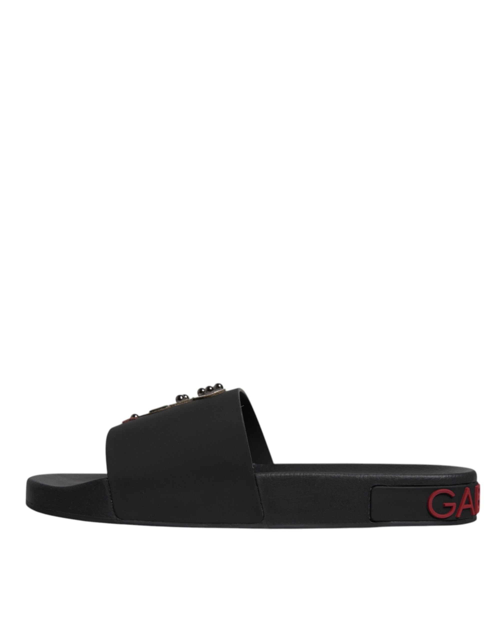 Sandales dorées en cuir noir Dolce & Gabbana, chaussures d'été pour la plage, vues de côté.
