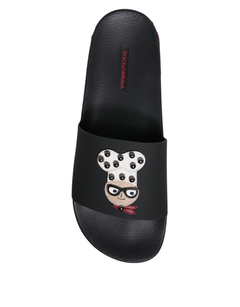 Sandales en cuir noir Dolce & Gabbana, chaussures de plage élégantes, avec semelle plate et design sobre.