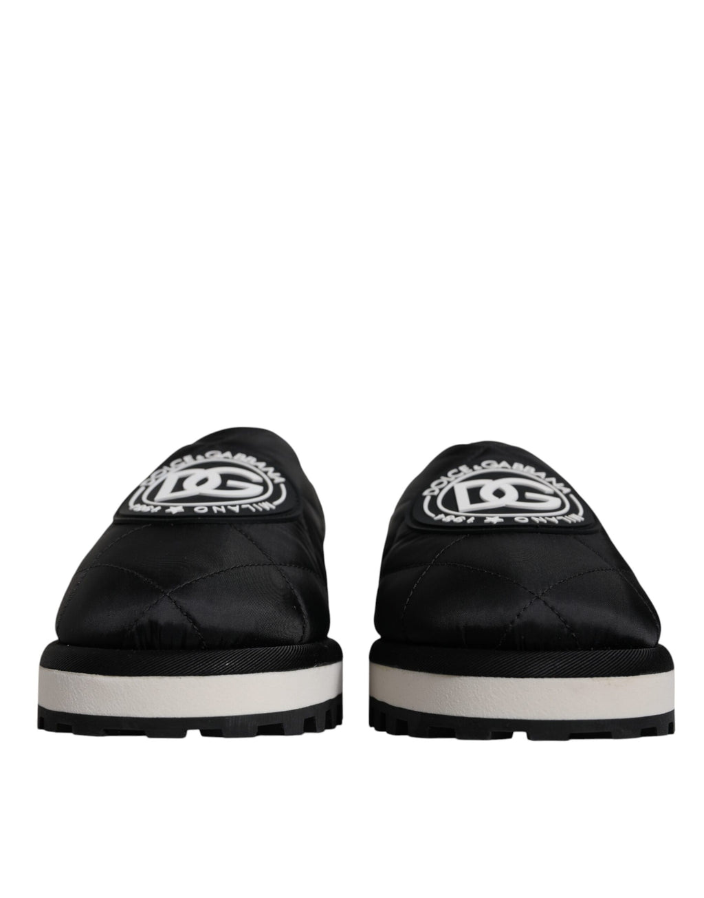 Sandales à enfiler en nylon noir Dolce & Gabbana avec logo brodé et patch rembourré, style confortable et élégant.