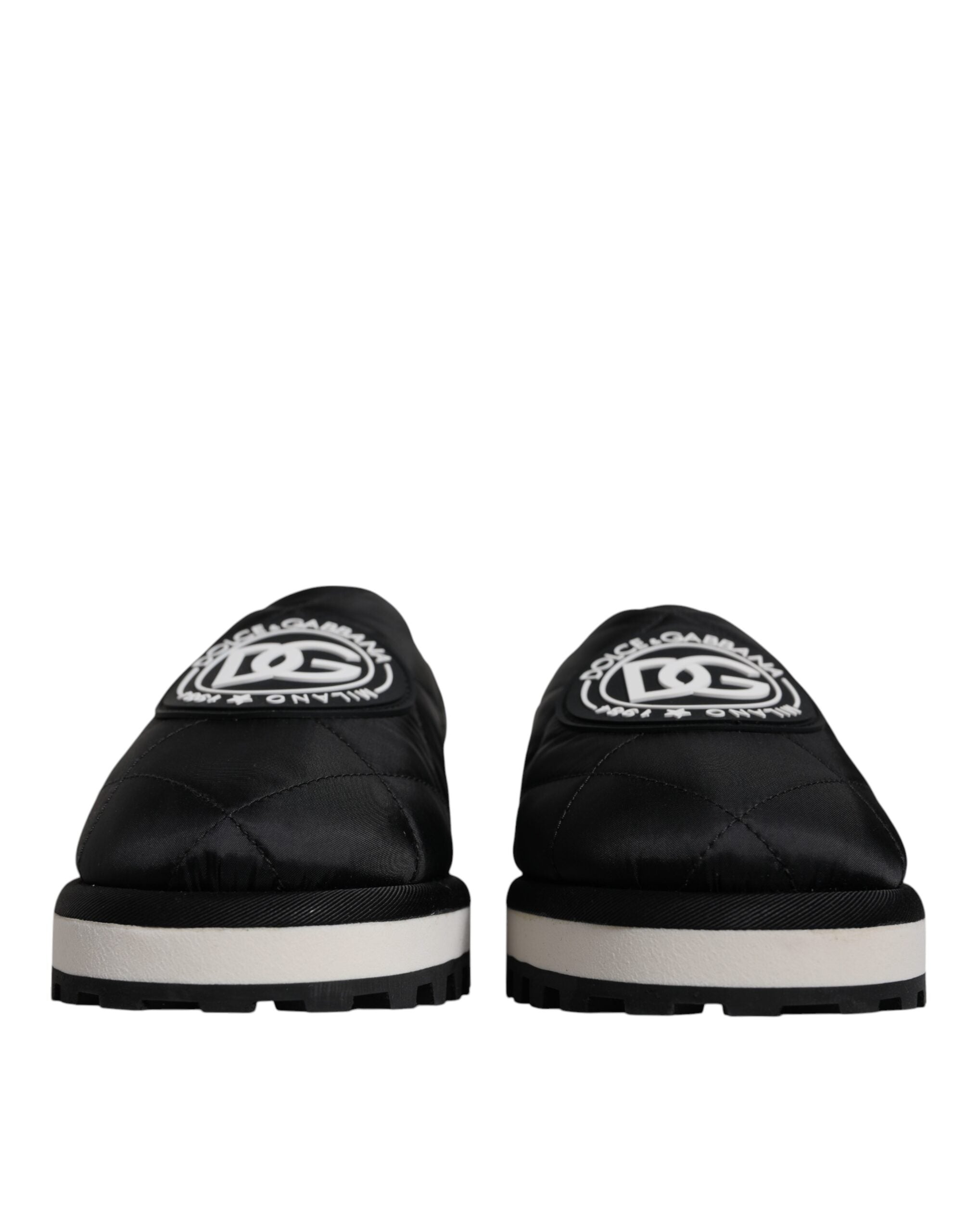 Sandales à enfiler en nylon noir Dolce & Gabbana avec logo brodé et patch rembourré, style confortable et élégant.