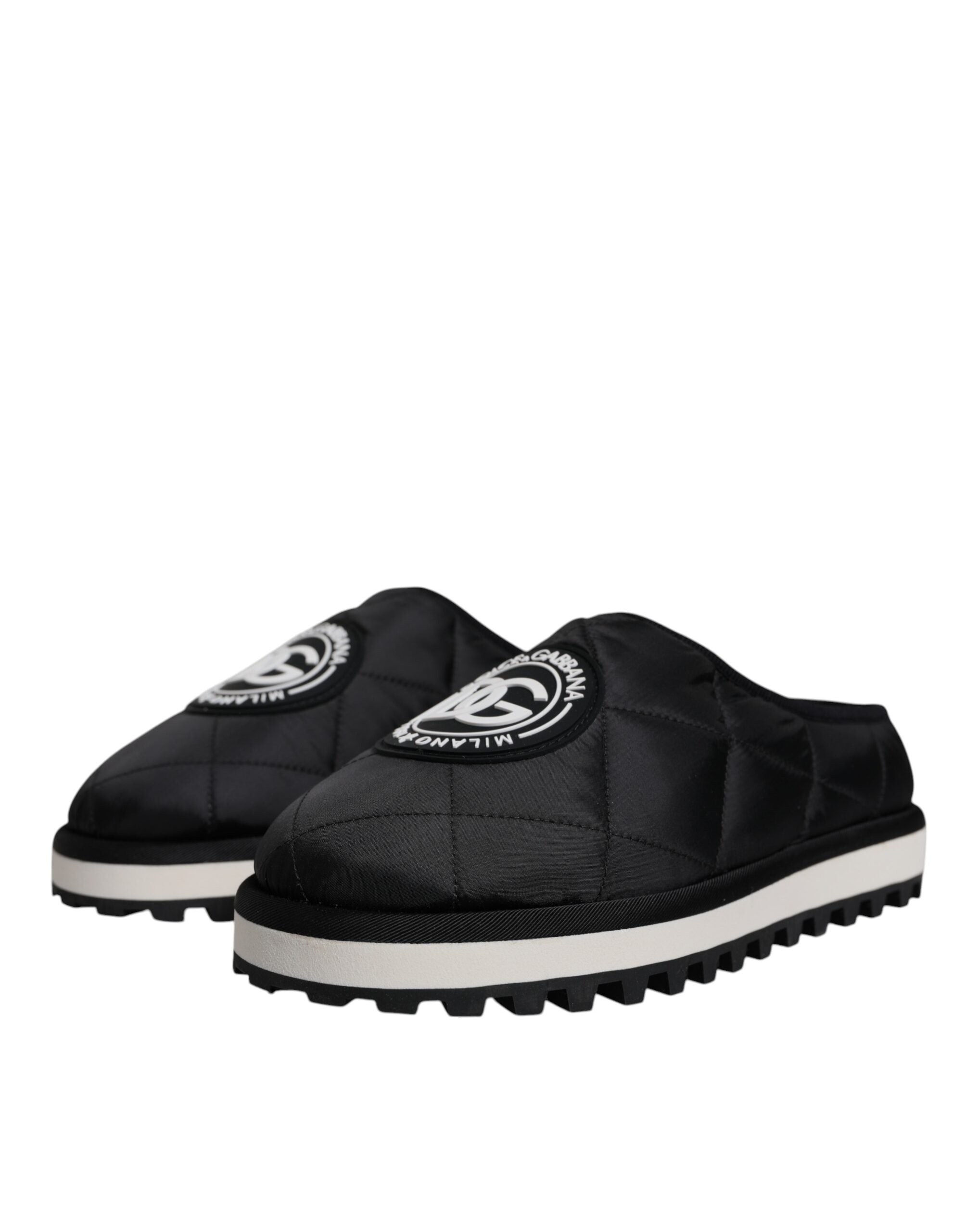 Sandales Dolce & Gabbana en nylon noir matelassé avec logo brodé, chaussures de style slides pour femme.