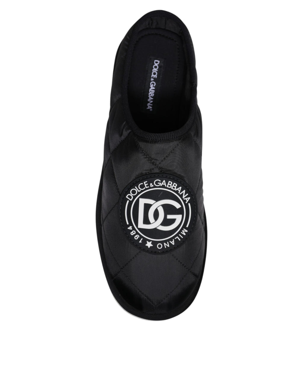 Sandales Dolce & Gabbana en nylon noir matelassé avec logo patch, chaussures de style slides pour femmes.