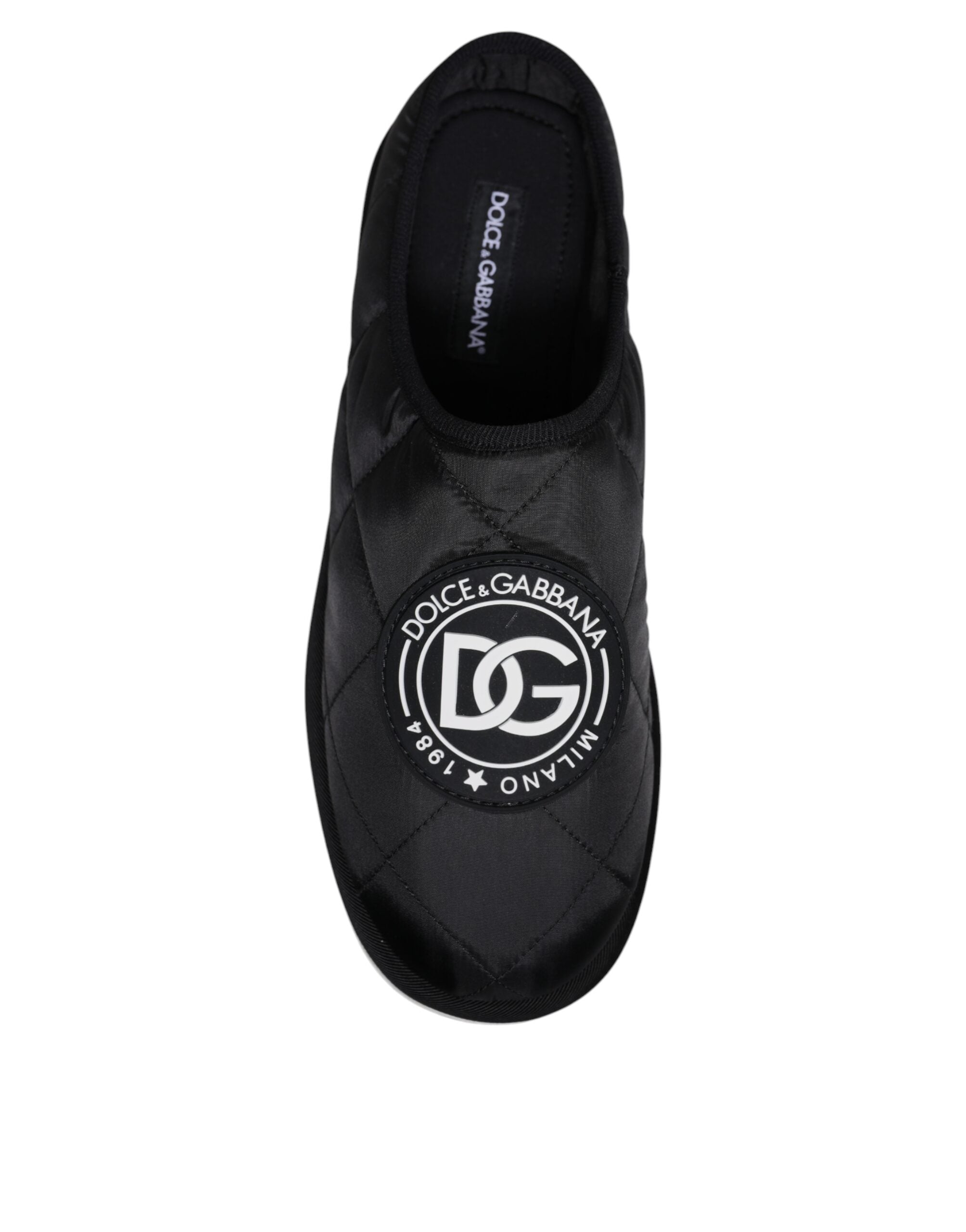 Sandales Dolce & Gabbana en nylon noir matelassé avec logo patch, chaussures de style slides pour femmes.