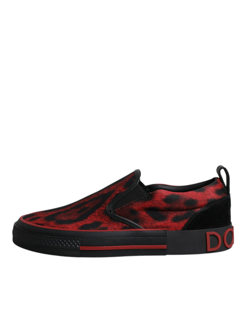 Chaussures sneakers basses Dolce & Gabbana pour homme, coton rouge et noir à motif léopard, style décontracté.