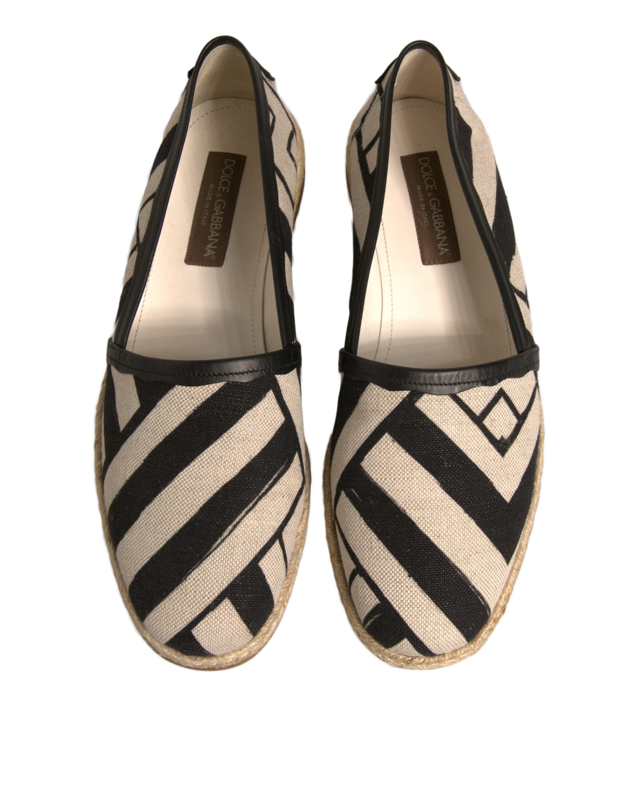 Chaussures espadrilles Dolce & Gabbana à rayures noires et blanches, slip-on, élégantes et confortables pour l'été.