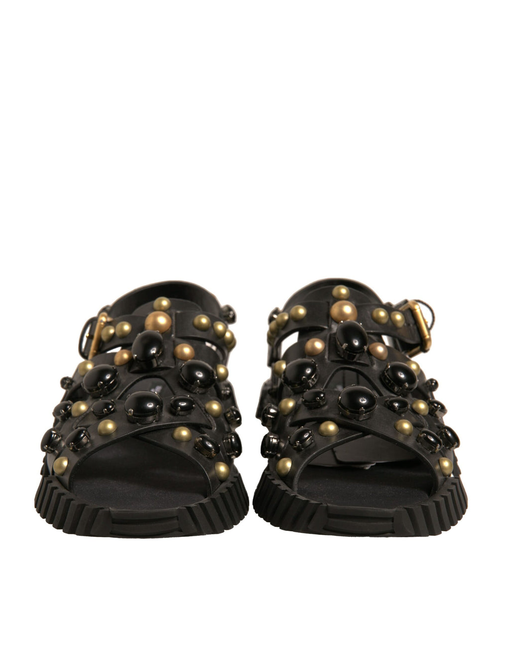 Sandales Dolce & Gabbana en cuir noir avec studs, chaussures élégantes à semelle plate et design tendance.