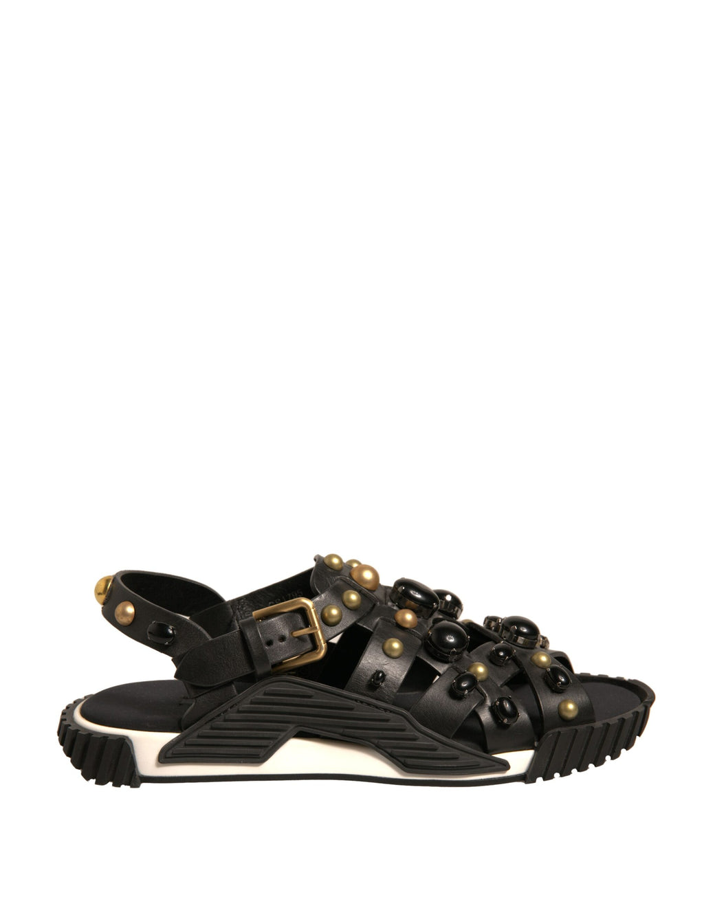 Sandales Dolce & Gabbana en cuir noir avec studs, chaussures élégantes à semelle plate et design sophistiqué.