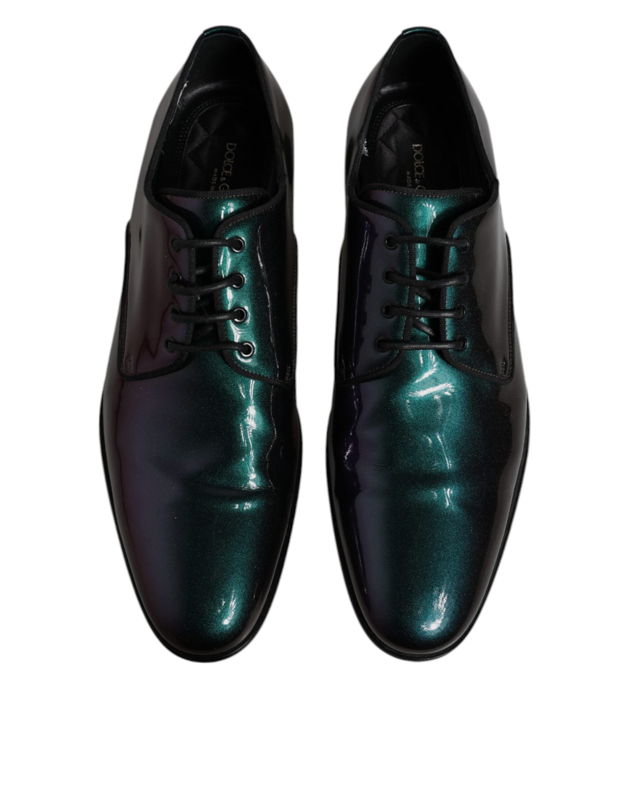 Chaussures derby pour homme Dolce & Gabbana, cuir verni multicolore avec motif paon, style élégant et sophistiqué.