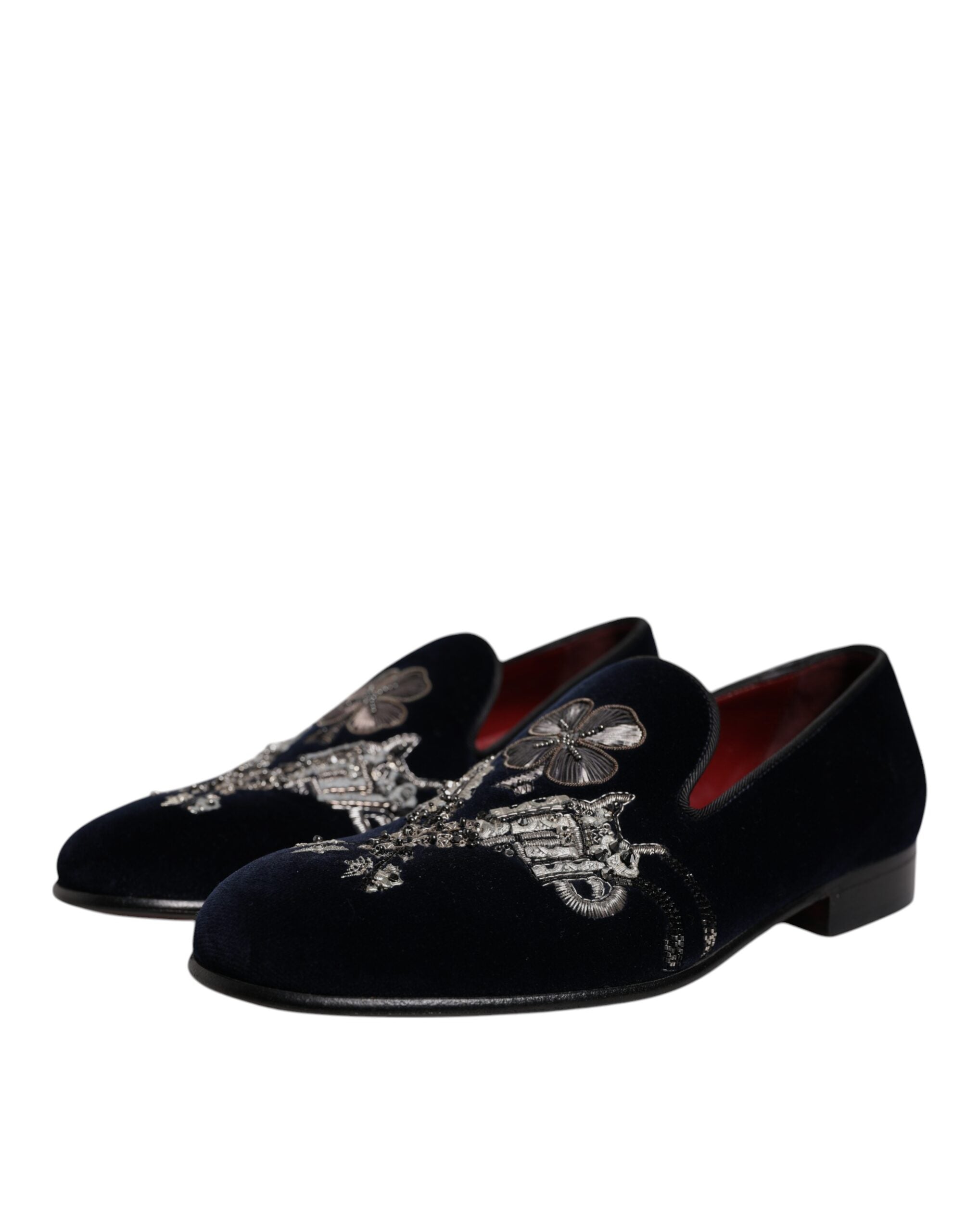Chaussures Dolce & Gabbana en velours noir avec motif floral et détails en or, mocassins élégants pour homme.