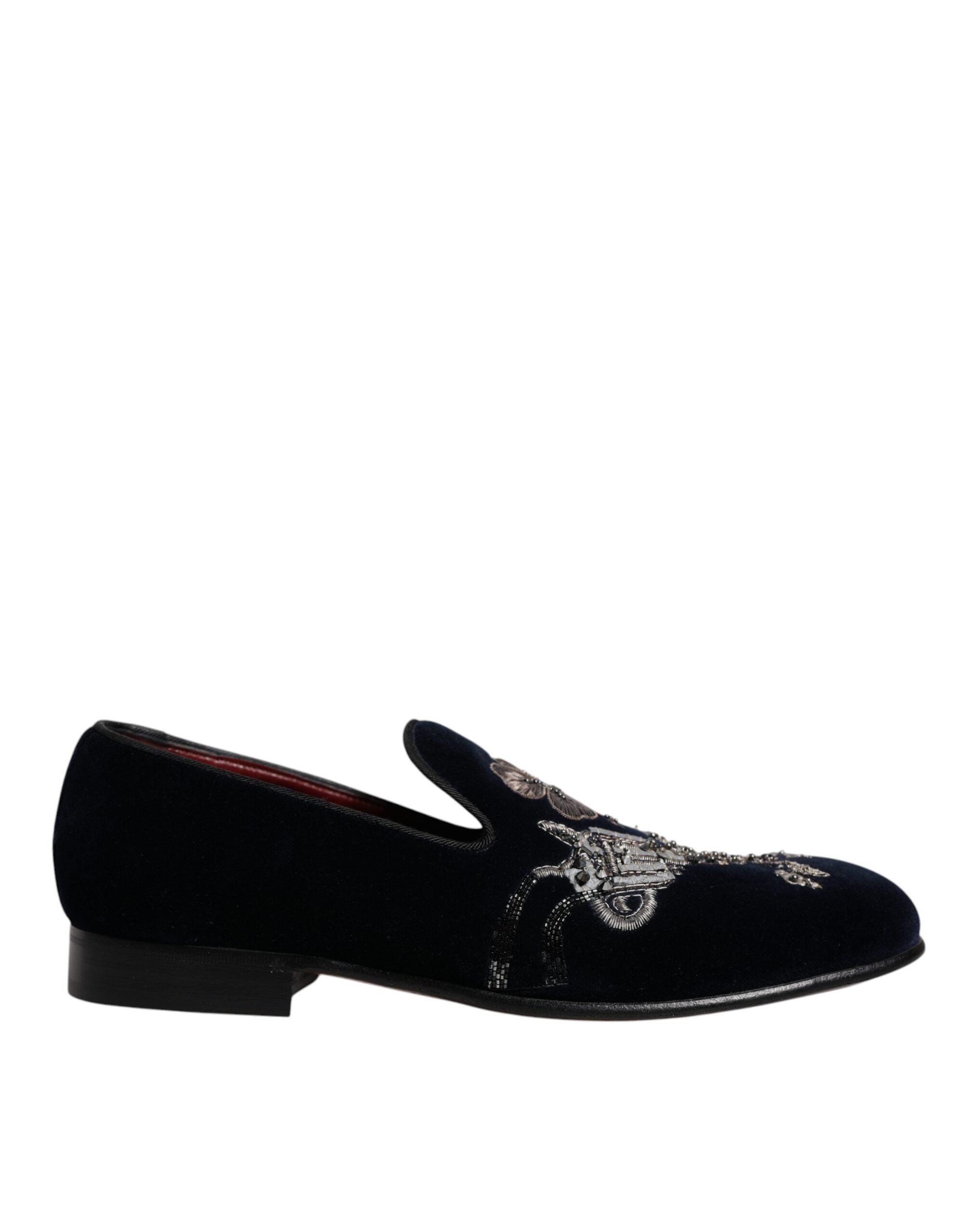 Chaussures Dolce & Gabbana en velours noir avec motifs floraux et détails en argent, chaussures de ville élégantes pour femmes.