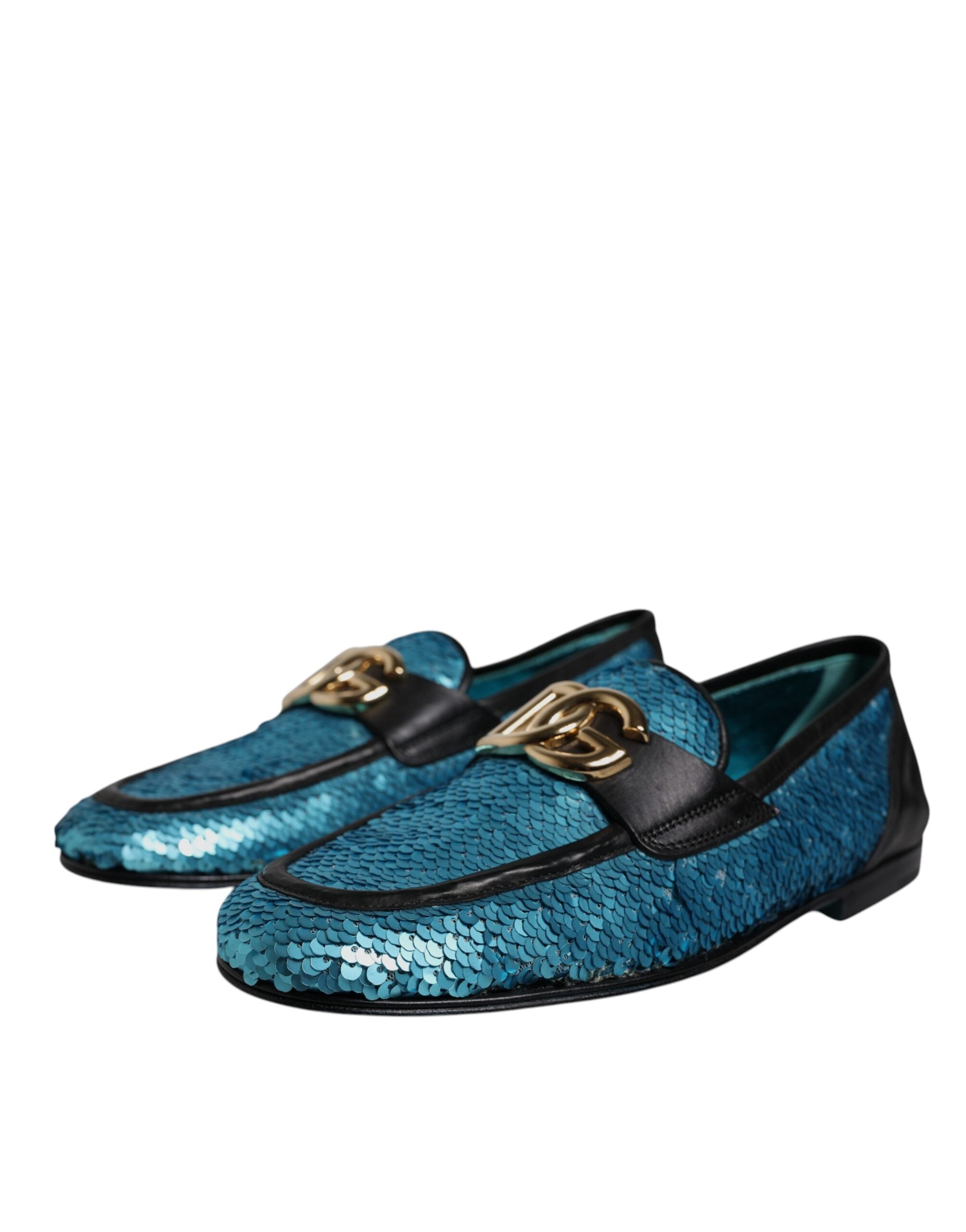 Mocassins formels Dolce & Gabbana bleu à sequins, chaussures élégantes avec finition brillante, pour tenue sophistiquée.
