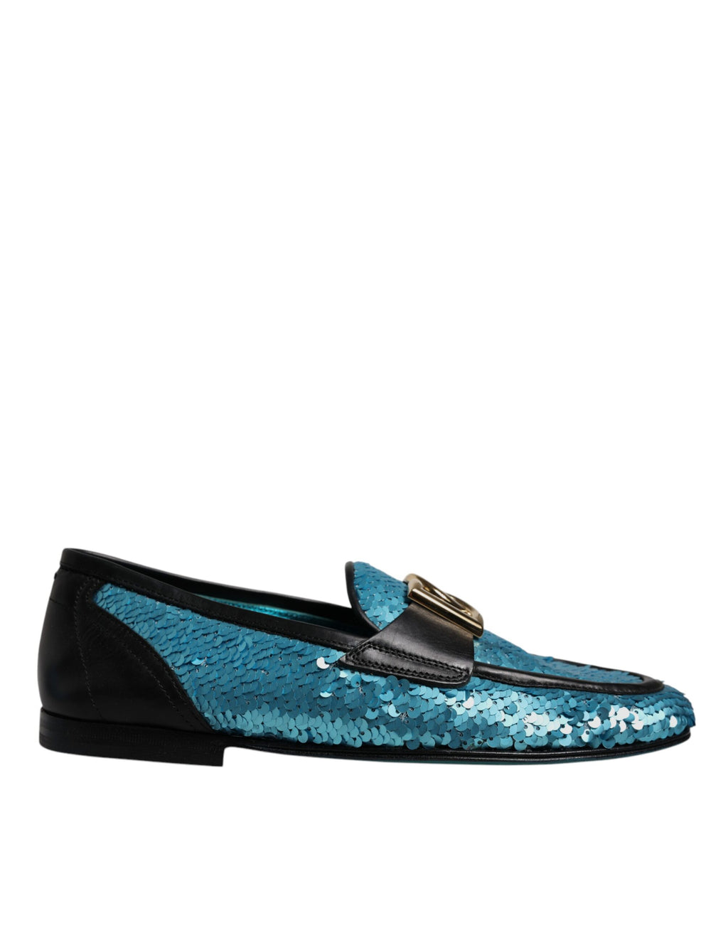 Chaussures Dolce & Gabbana, mocassins bleus à sequins pour homme, style formel et élégant, en cuir avec finition scintillante.
