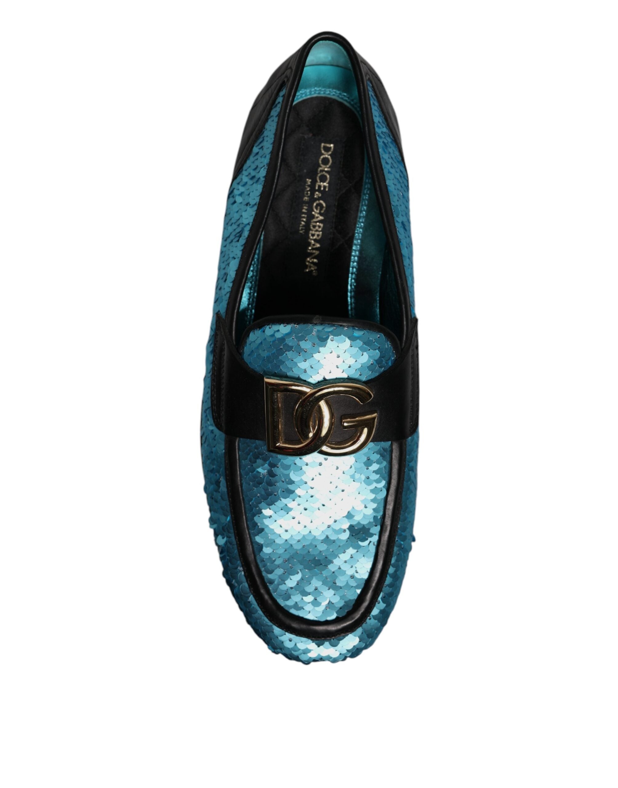 Mocassins Dolce & Gabbana bleus ornés de sequins, chaussures formelles pour homme.