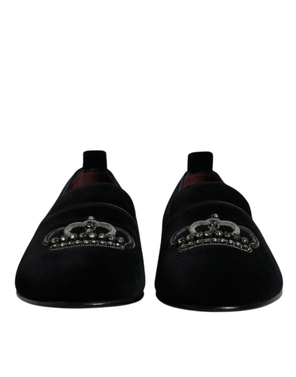 Chaussures formelles Dolce & Gabbana, loafers en velours noir avec cristaux, style élégant et sophistiqué.
