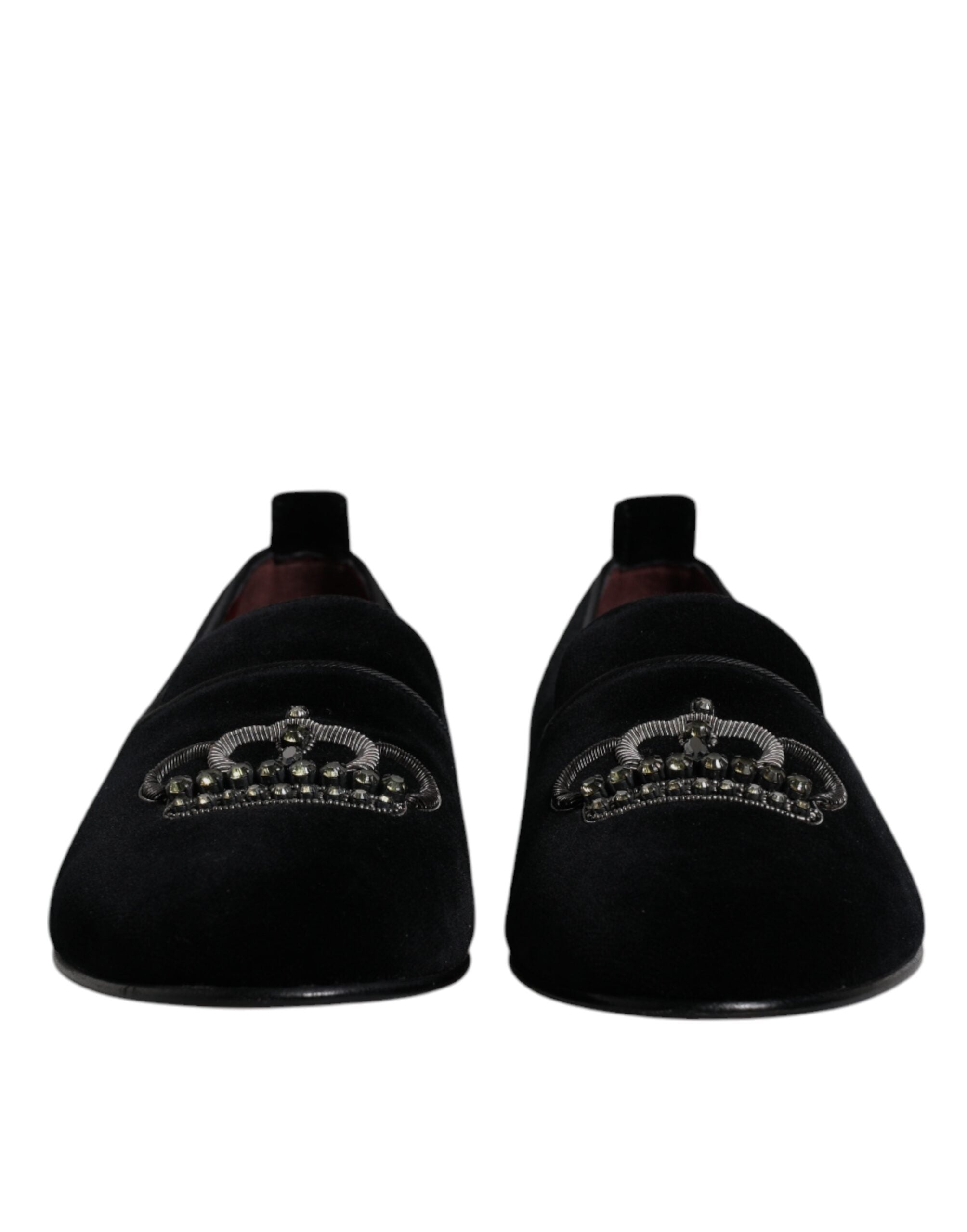 Chaussures formelles Dolce & Gabbana, loafers en velours noir avec cristaux, style élégant et sophistiqué.