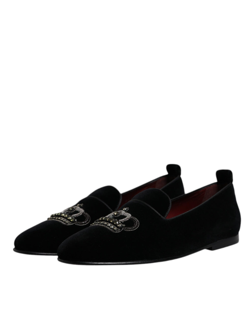 Chaussures habillées en velours noir Dolce & Gabbana avec cristaux, mocassins forme couronne élégants pour homme.