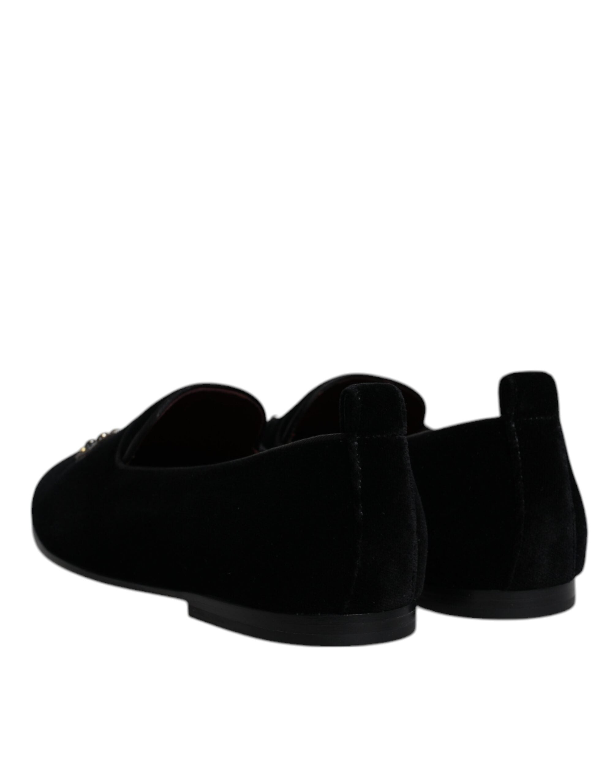 Chaussures habillées Dolce & Gabbana, loafers en velours noir avec cristaux, style élégant et sophistiqué.