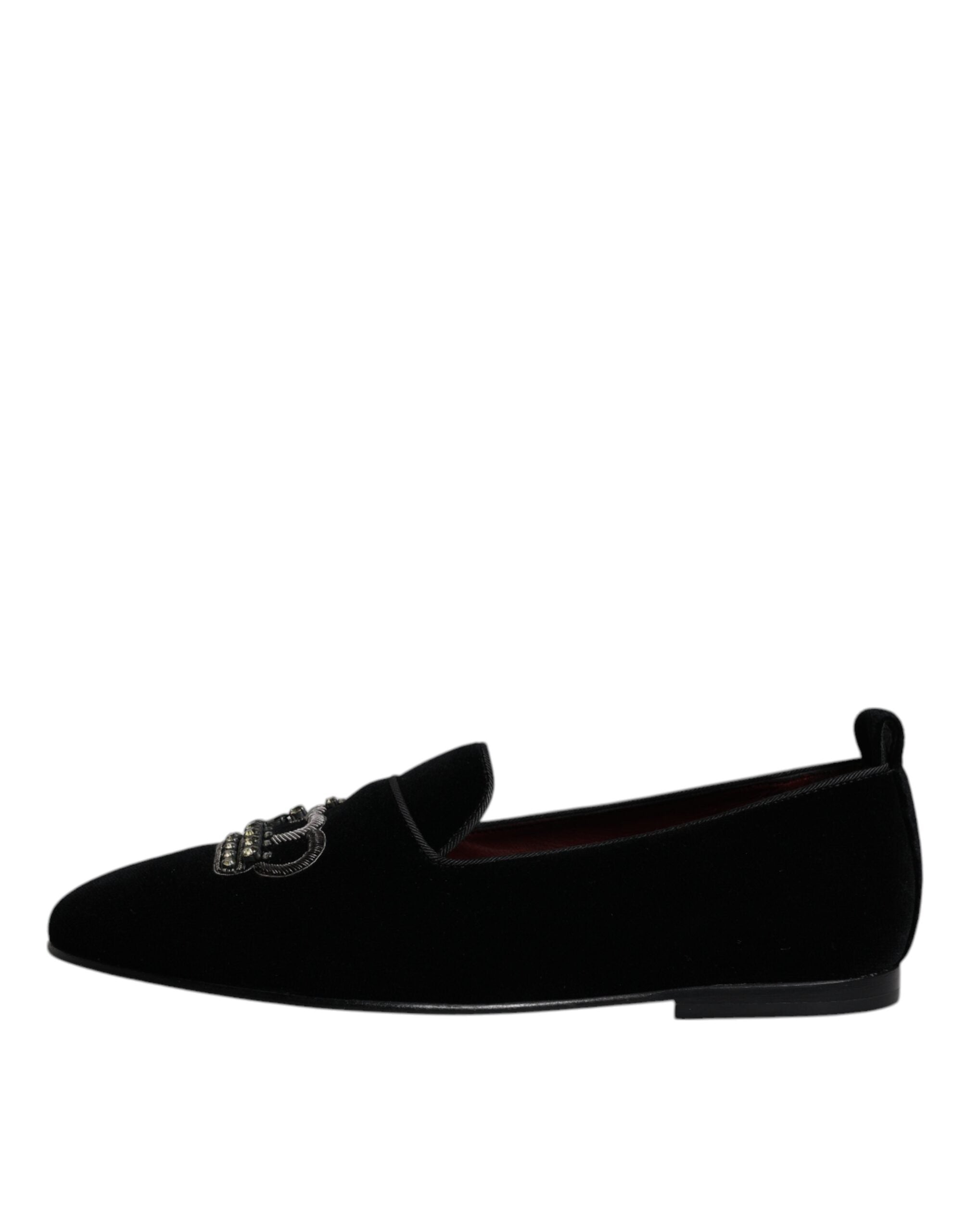 Chaussures habillées Dolce & Gabbana, mocassins en velours noir avec cristaux, style formel et élégant pour hommes.