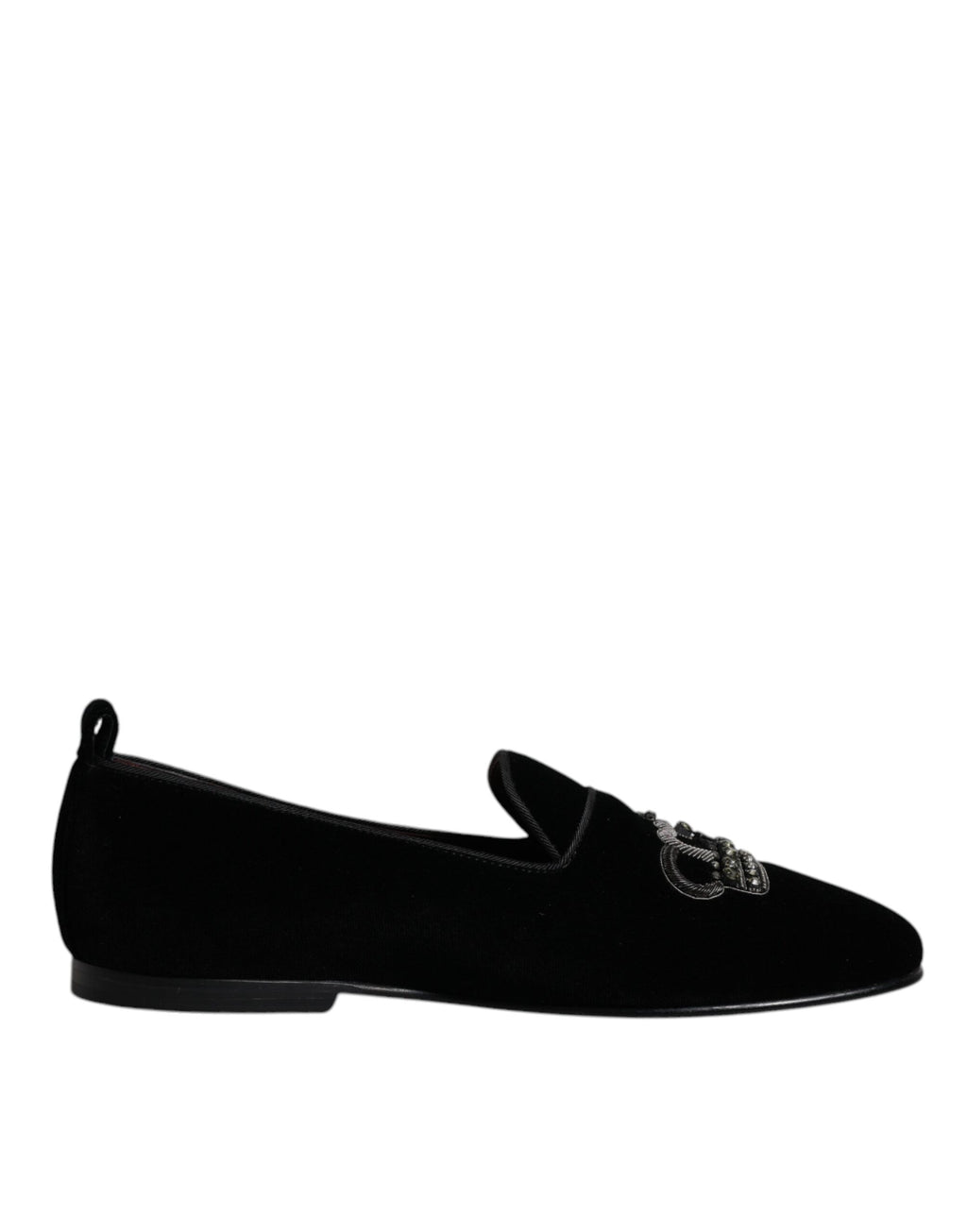 Chaussures formelles Dolce & Gabbana loafers en velours noir avec cristaux, style élégant et sophistiqué.