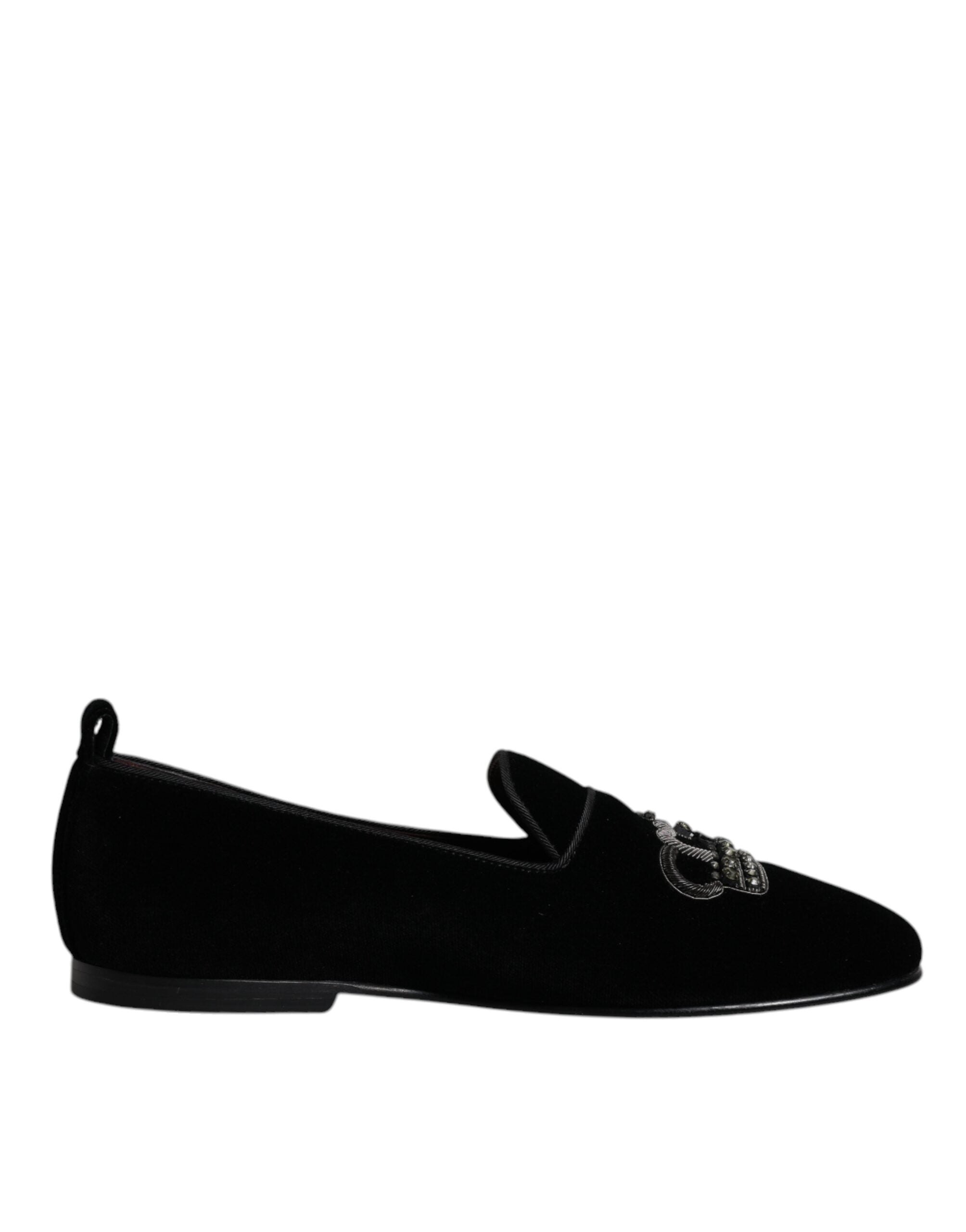 Chaussures formelles Dolce & Gabbana loafers en velours noir avec cristaux, style élégant et sophistiqué.
