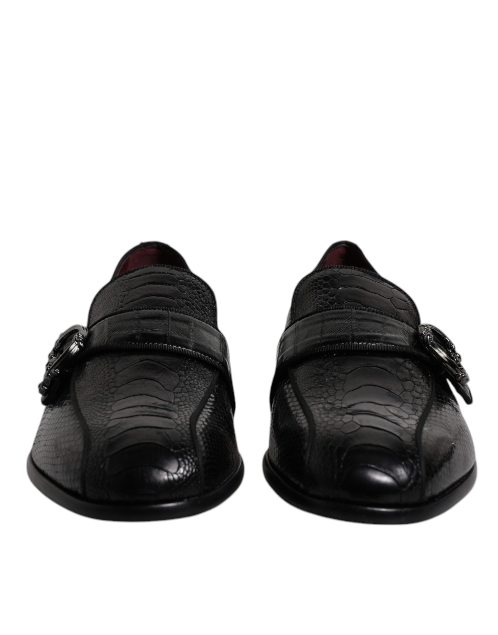 Mocassins noirs en cuir exotique Dolce & Gabbana avec logo DG, chaussures habillées formelles pour homme.