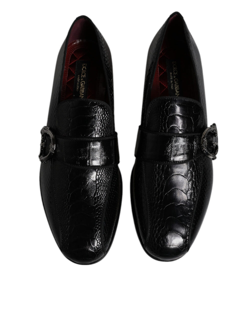 Chaussures Dolce & Gabbana en cuir exotique noir avec logo DG, mocassins formels pour homme, vue de face.