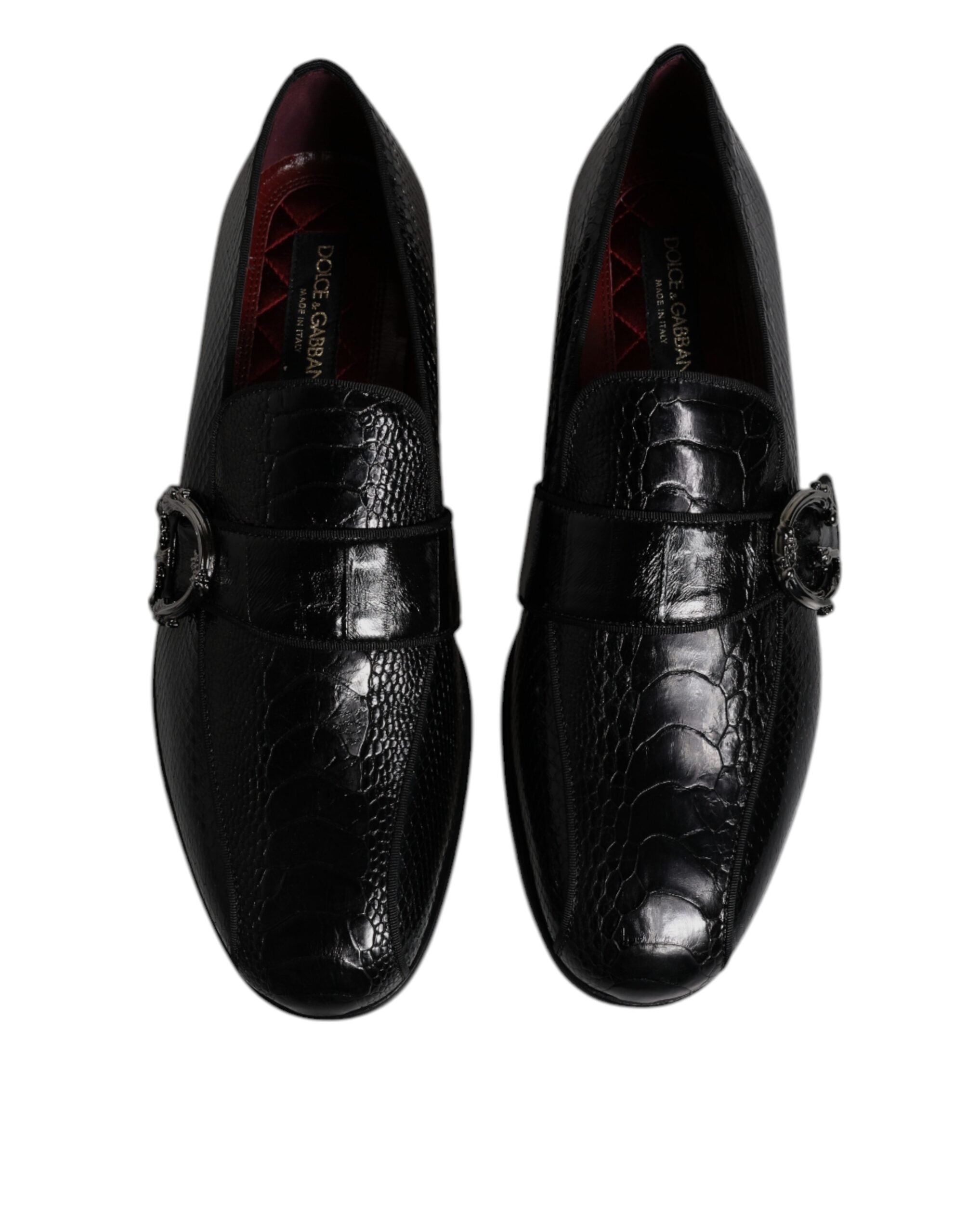Chaussures Dolce & Gabbana en cuir exotique noir avec logo DG, mocassins formels pour homme, vue de face.