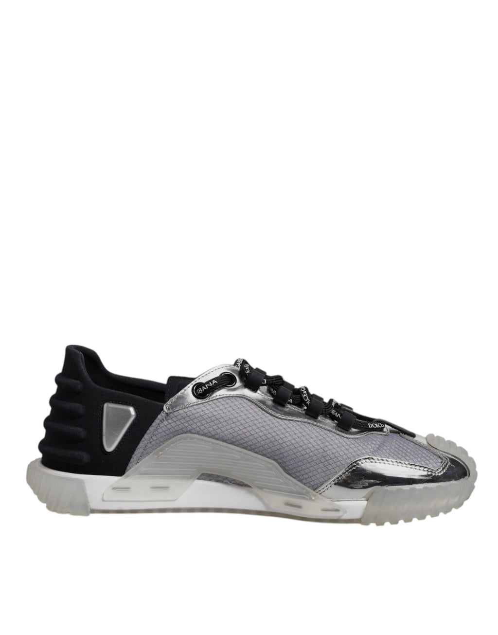 Chaussures basses en nylon noir et argent de Dolce & Gabbana, sneakers élégants avec détails modernes.