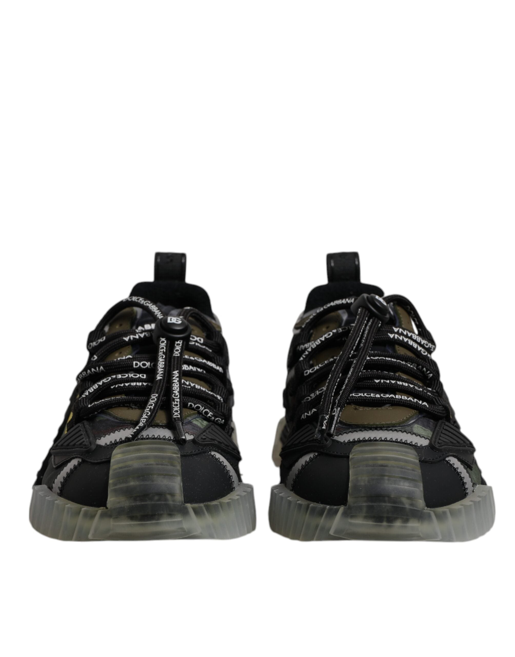Chaussures sneakers basses Dolce & Gabbana noir et vert camouflage NS1, en cuir avec semelle blanche.