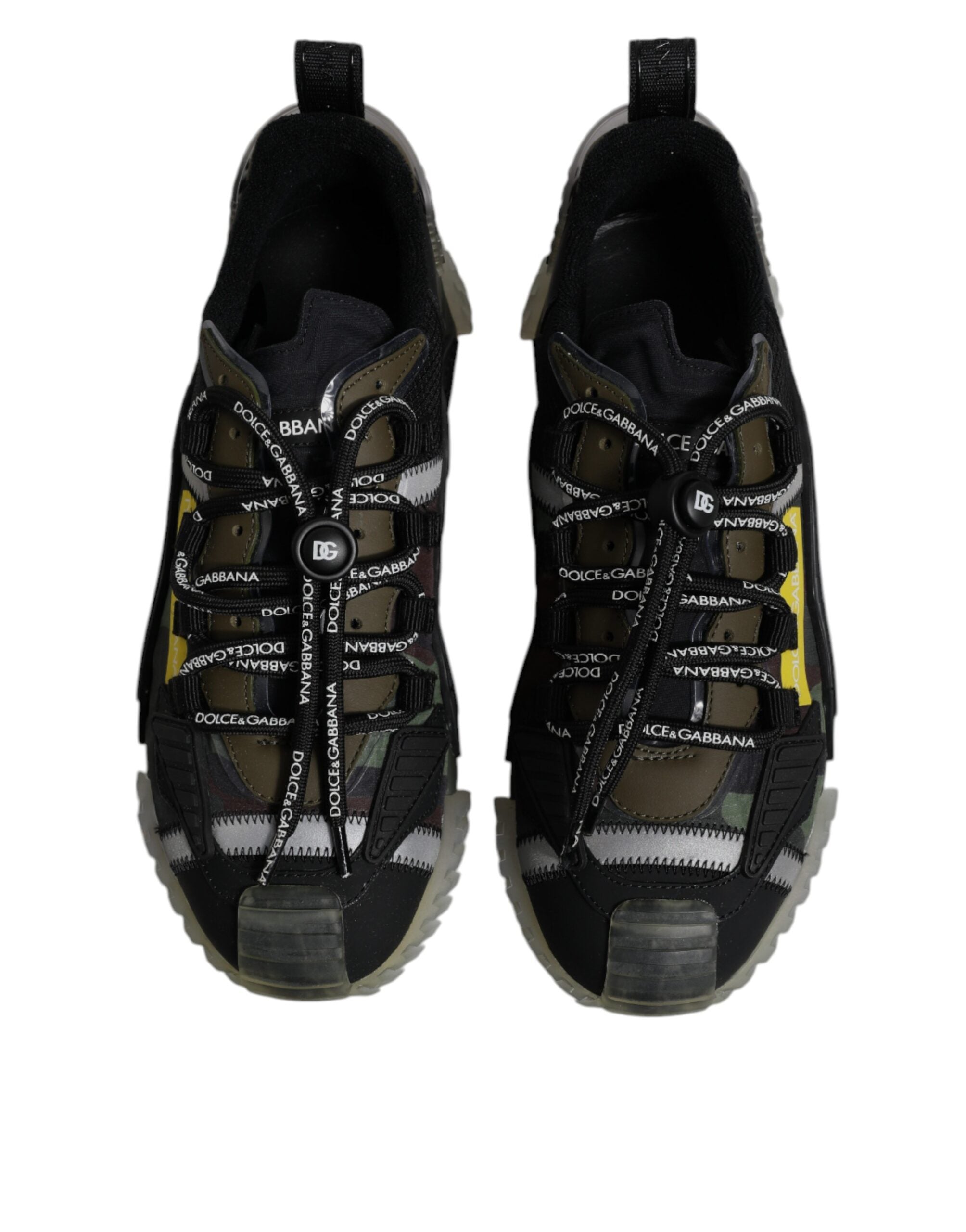 Chaussures basses Dolce & Gabbana Camo noir vert pour hommes, baskets en toile avec logo et semelle blanche.