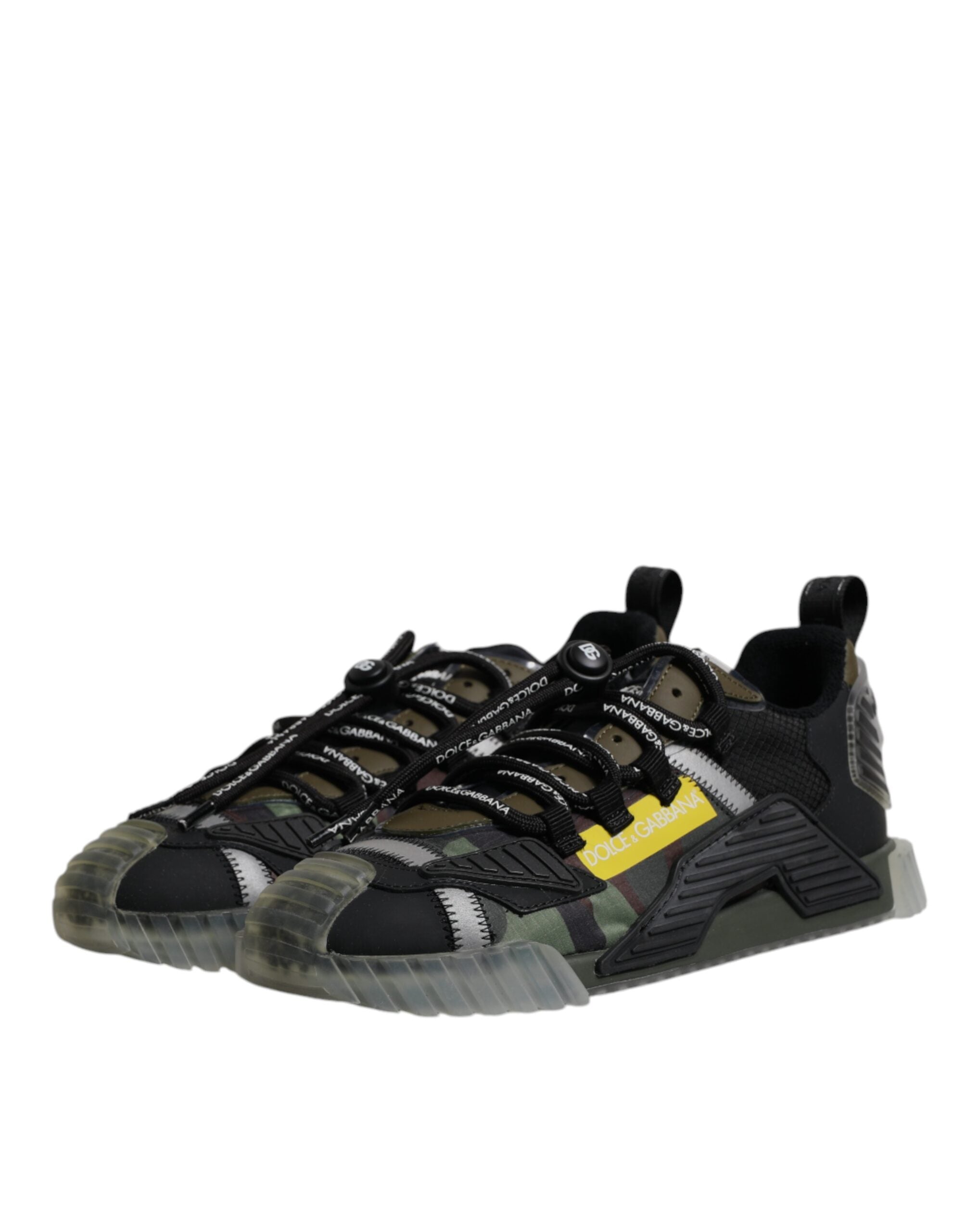 Chaussures sneakers basses Dolce & Gabbana noir et vert camouflage, style décontracté, vue de côté.