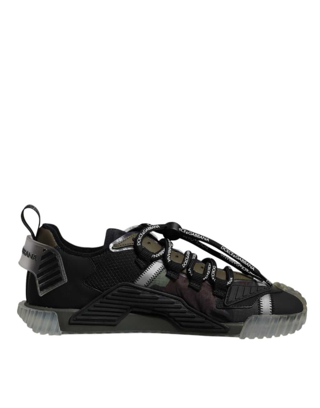 Chaussures sneakers basses Dolce & Gabbana en camouflage noir et vert, style décontracté, vue de face.