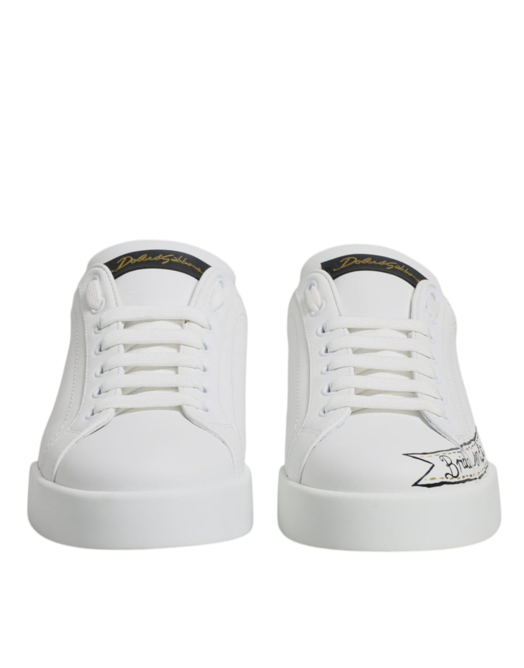 Chaussures sneakers basses en cuir blanc Dolce & Gabbana avec lacets, vue de face.