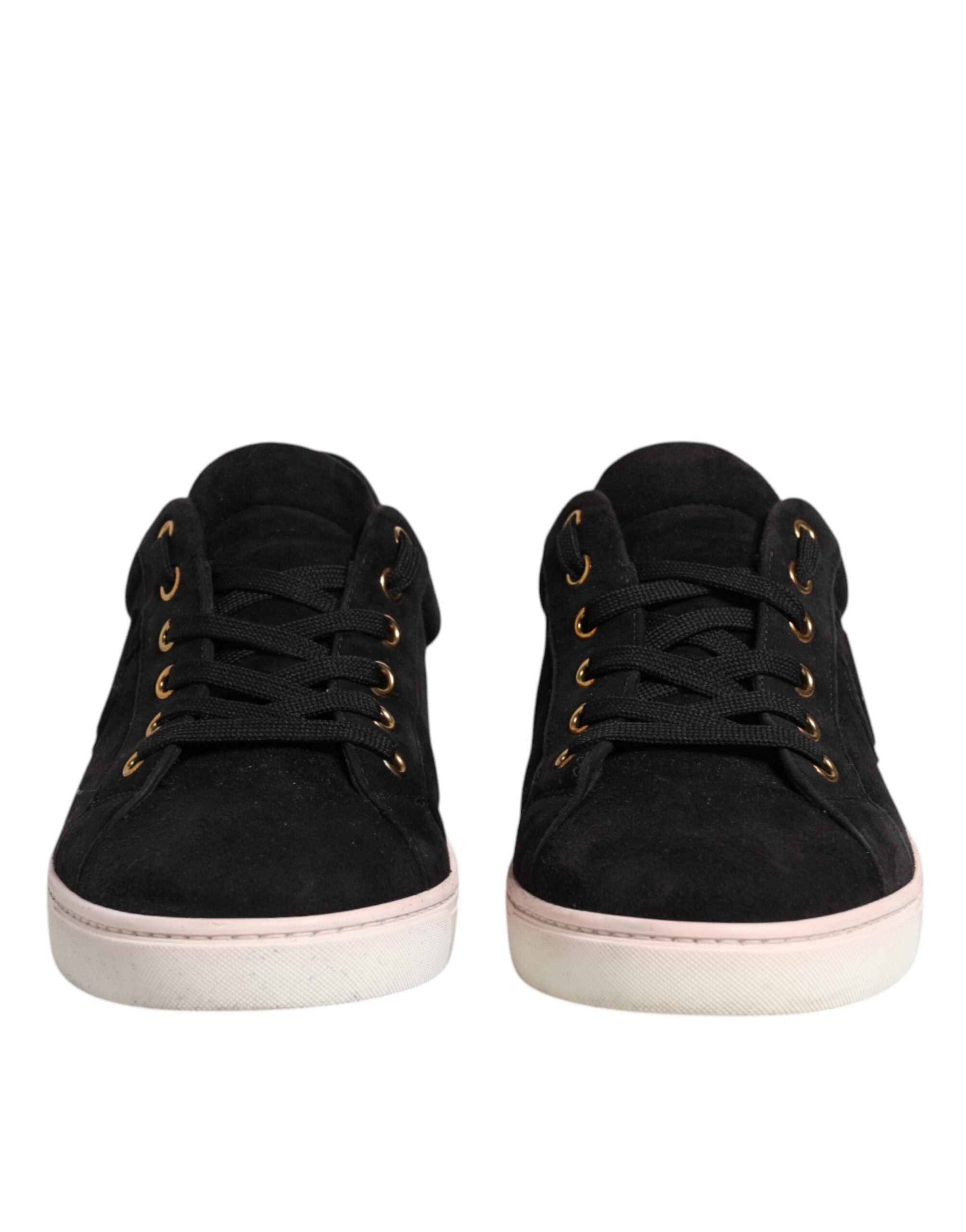 Chaussures sneakers pour hommes Dolce & Gabbana en cuir suédé noir avec logo, vue de face.