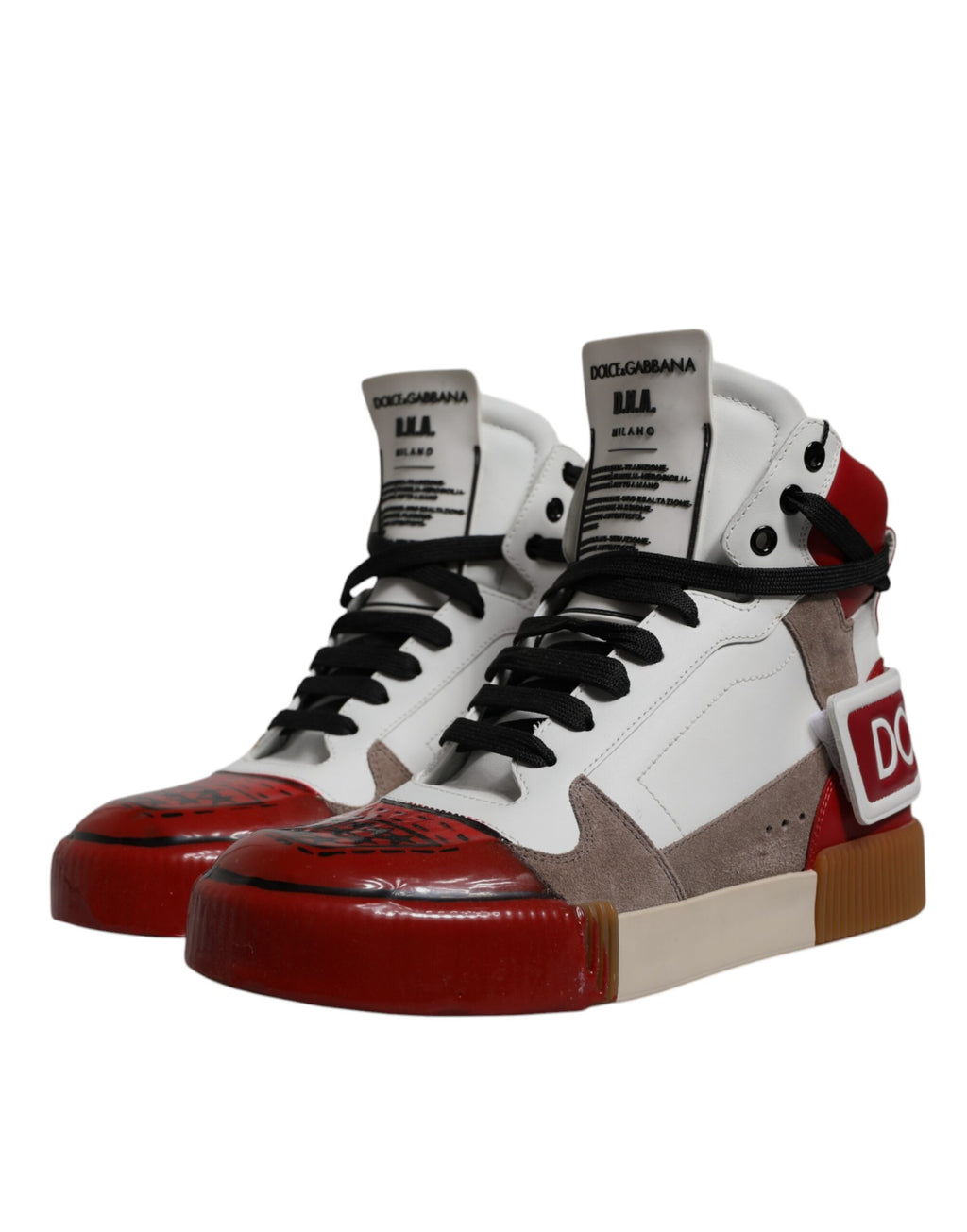Chaussures sneakers montantes en cuir multicolore de Dolce & Gabbana, style tendance et coloré, vue de face.