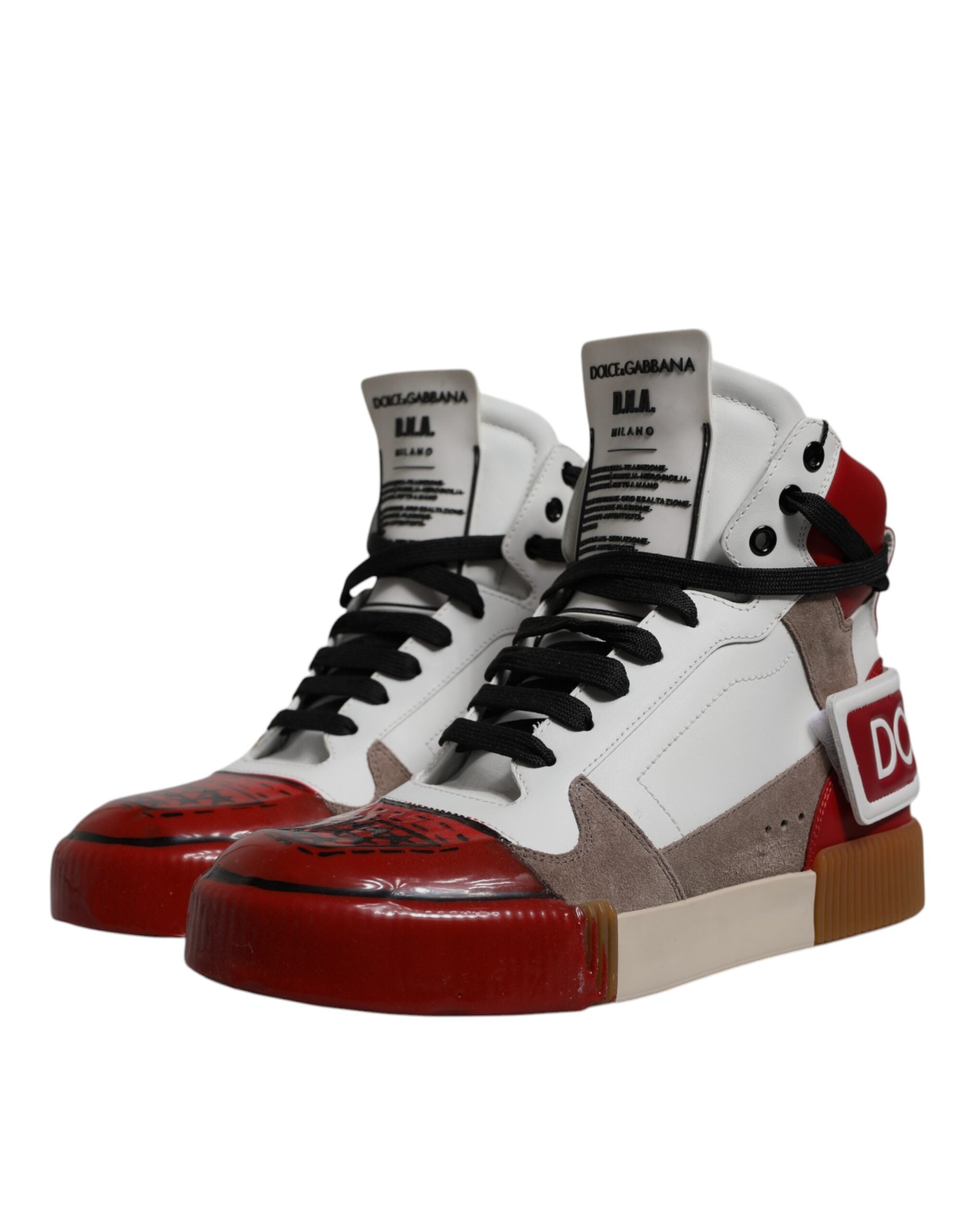 Chaussures sneakers montantes en cuir multicolore de Dolce & Gabbana, style tendance et coloré, vue de face.