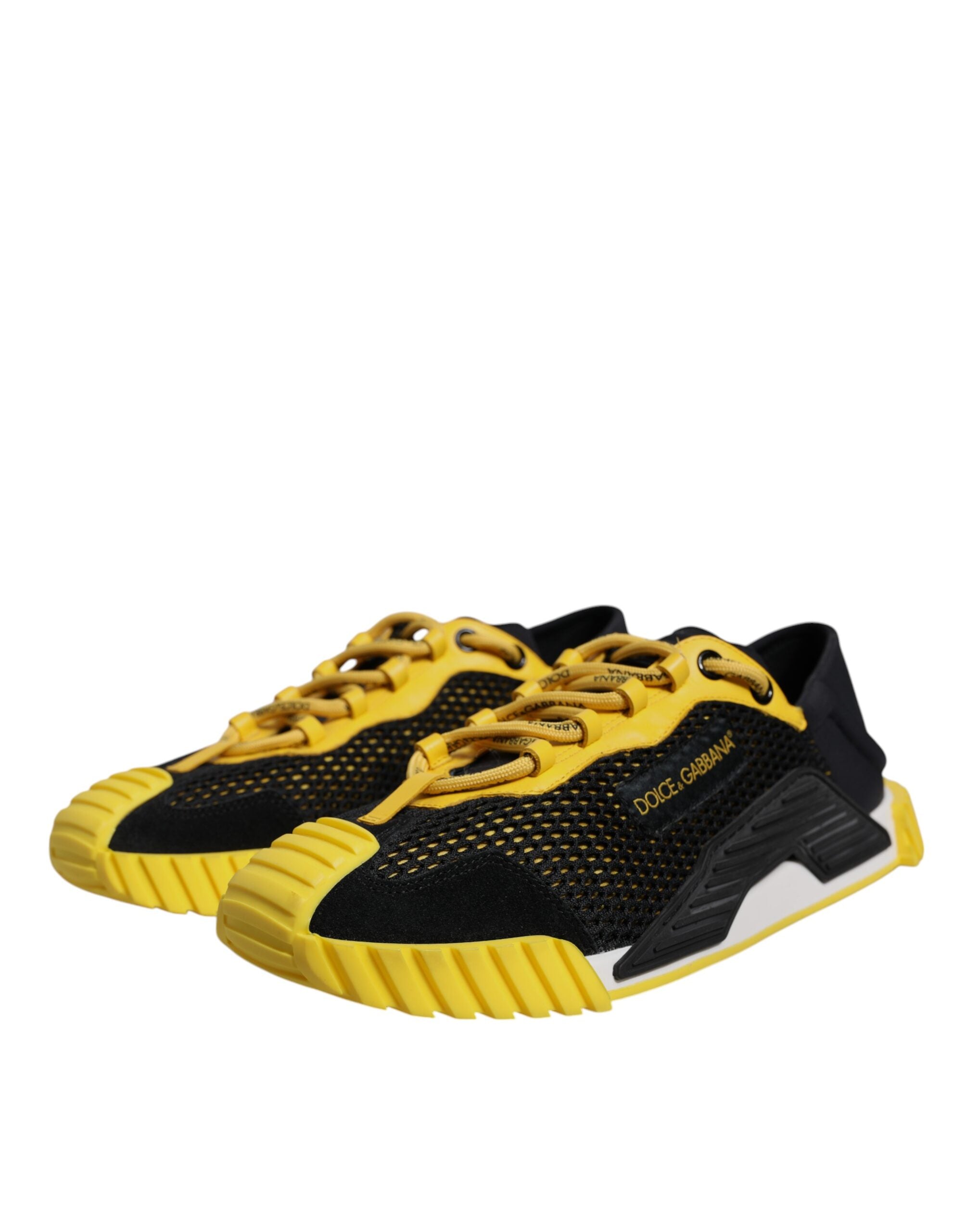 Chaussures sneakers basses Dolce & Gabbana NS1 noires et jaunes, vue de face, en tissu avec semelle blanche.