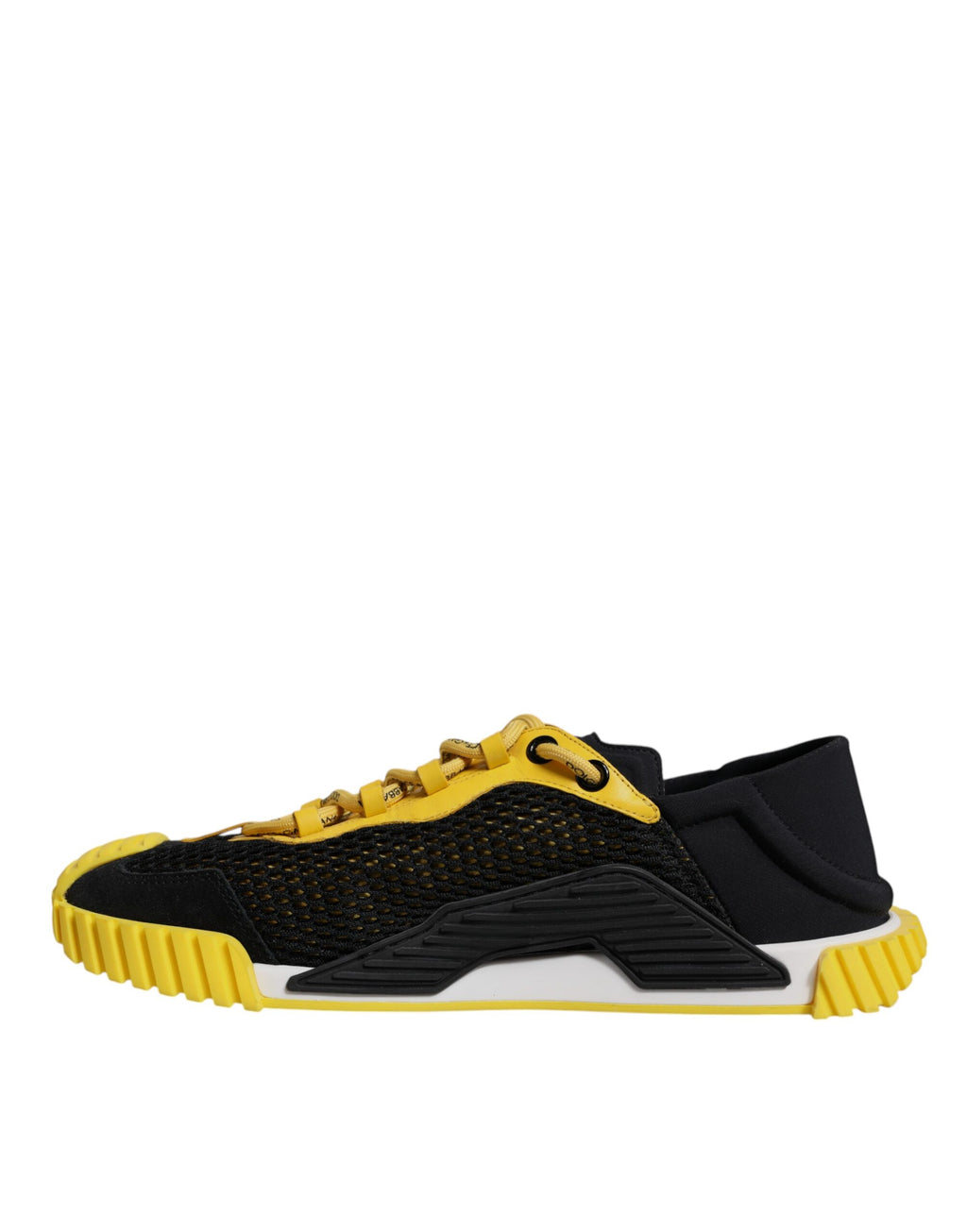 Chaussures sneakers basses Dolce & Gabbana noir et jaune, modèle NS1, vue de face avec détails colorés.