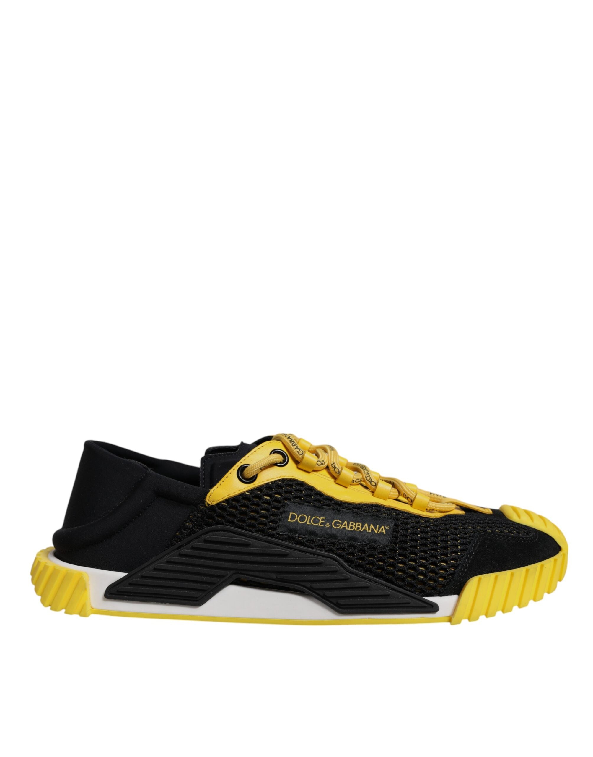 Chaussures sneakers basses Dolce & Gabbana en noir et jaune, vue de face, avec design moderne et détail coloré.