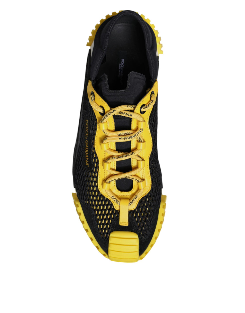Chaussures sneakers basses Dolce & Gabbana NS1 noires et jaunes, vue de face, avec détails de design modernes et style élégant.