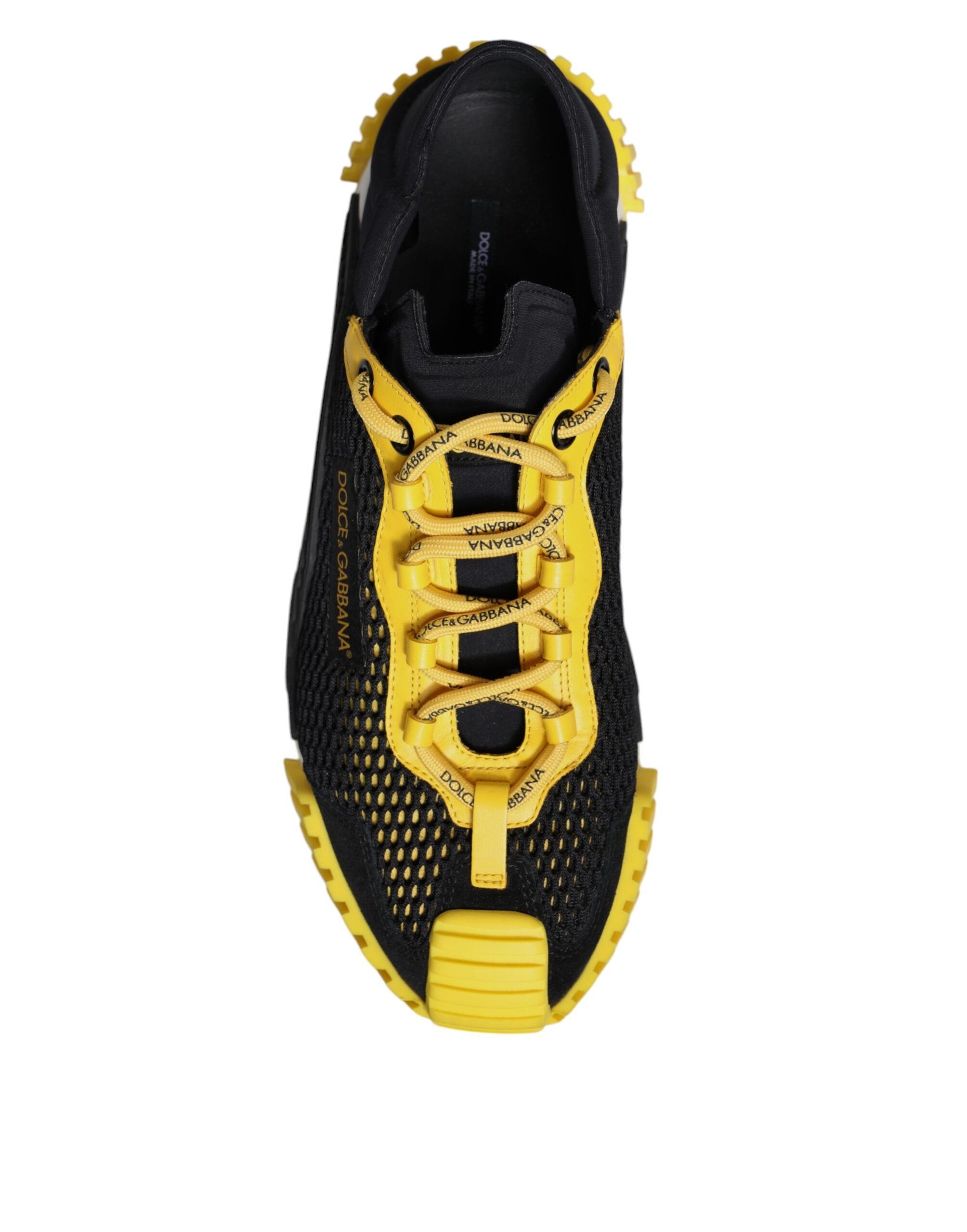 Chaussures sneakers basses Dolce & Gabbana NS1 noires et jaunes, vue de face, avec détails de design modernes et style élégant.